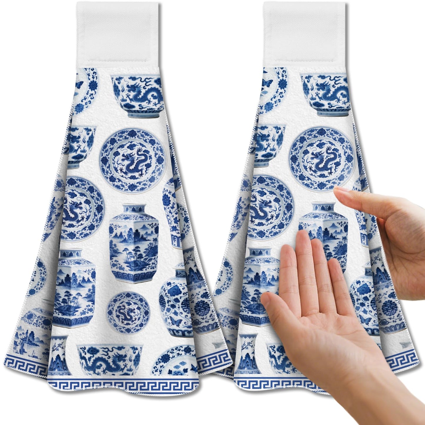 CUTHOLLOW 2Pcs Blue and White Porcelain Tea Towels for Kitchen with Loop, 31.5x43.5cm Soft Super Absorbent Microfiber Decorative Hanging Dish Towel,
