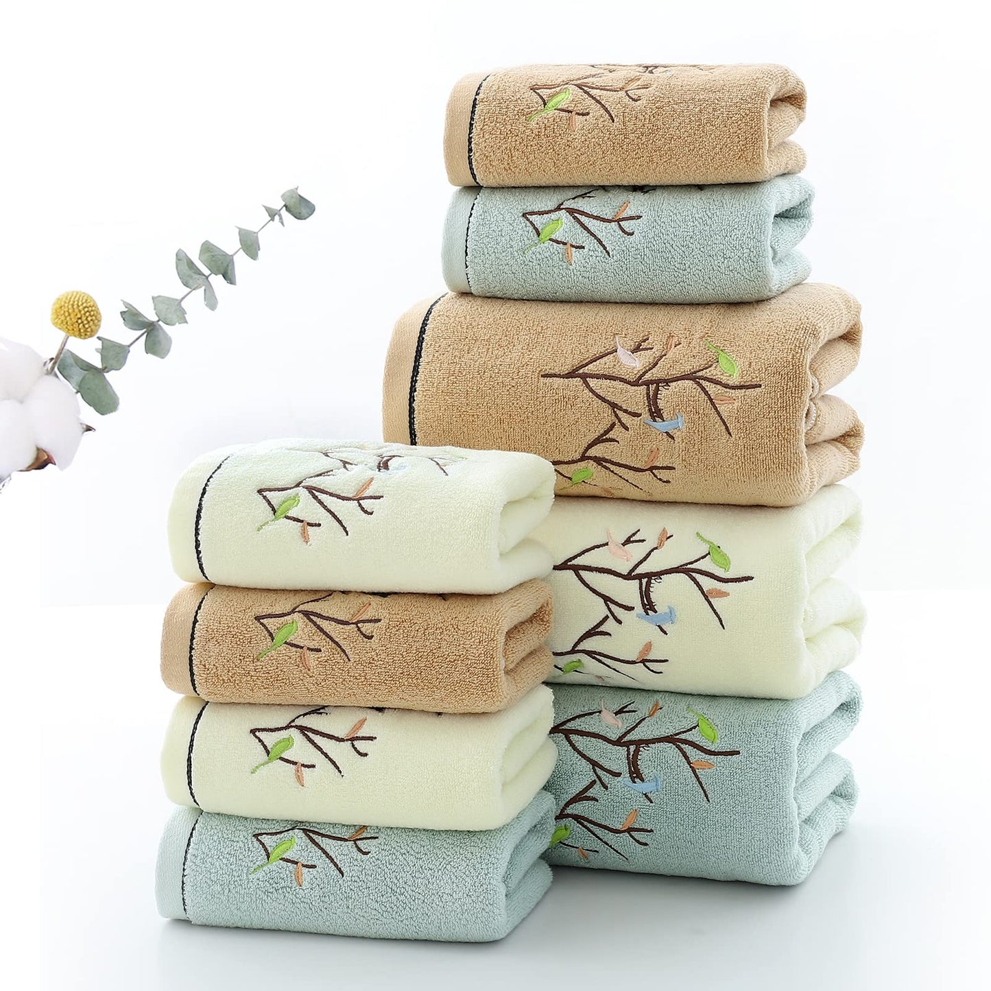 Pidada Hand Towels Set of 4 Embroidered Bird Tree Pattern 100% Cotton Absorbent Soft Decorative Towel for Bathroom 35 x 75 cm (Light Yellow)
