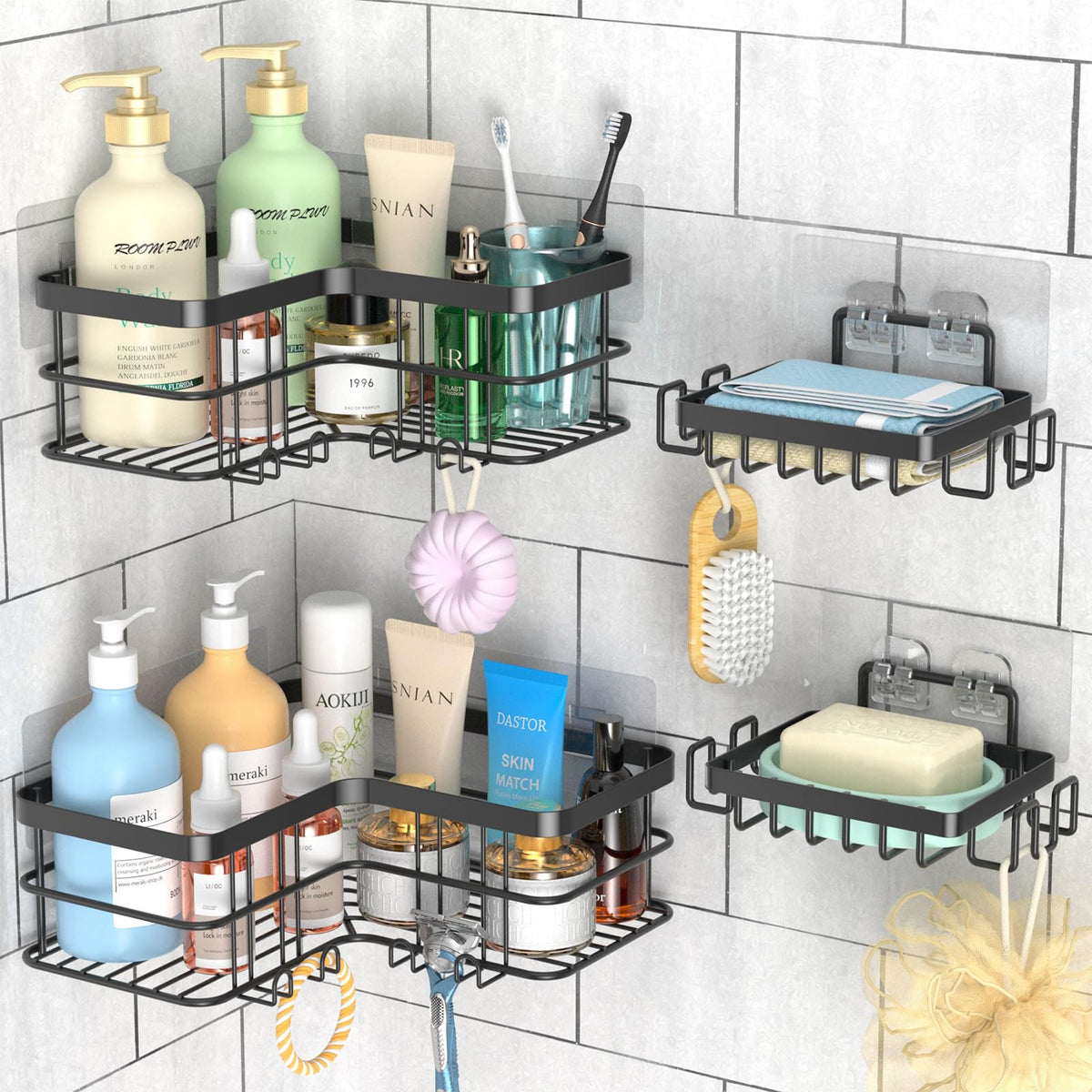 Yazoni Conner Shower Caddy 4-Pack, Adhesive Bathroom Shelves with Soap Holder No Drilling, Rustproof Stainless Steel Bathroom Organizer Wall Mounted,
