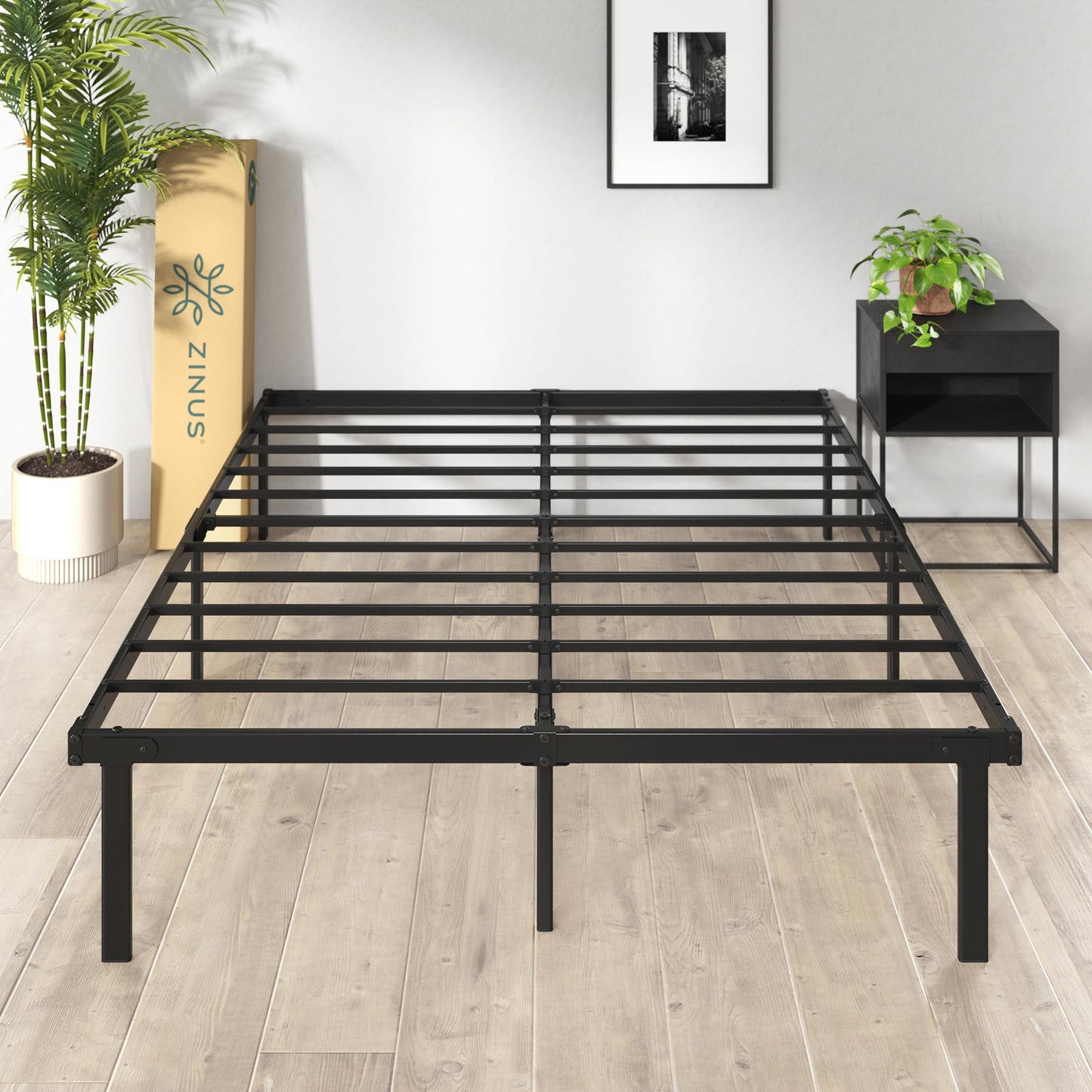 Zinus Caleb King size Bed frame - Bed 150x200 cm - 36cm Height - Metal bed frame with Underbed storage and steel slat support - Black