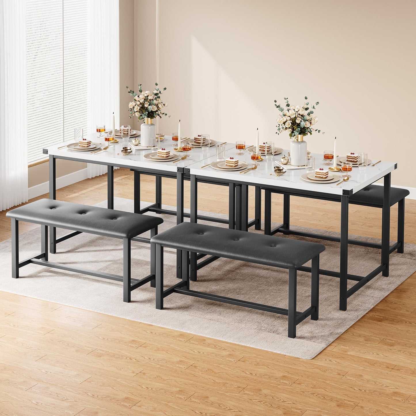 GarveeHome Dining Table with 2 Benches, 3 Piece Kitchen Table Set, Space Saving Dining Room Furniture, Metal Frame