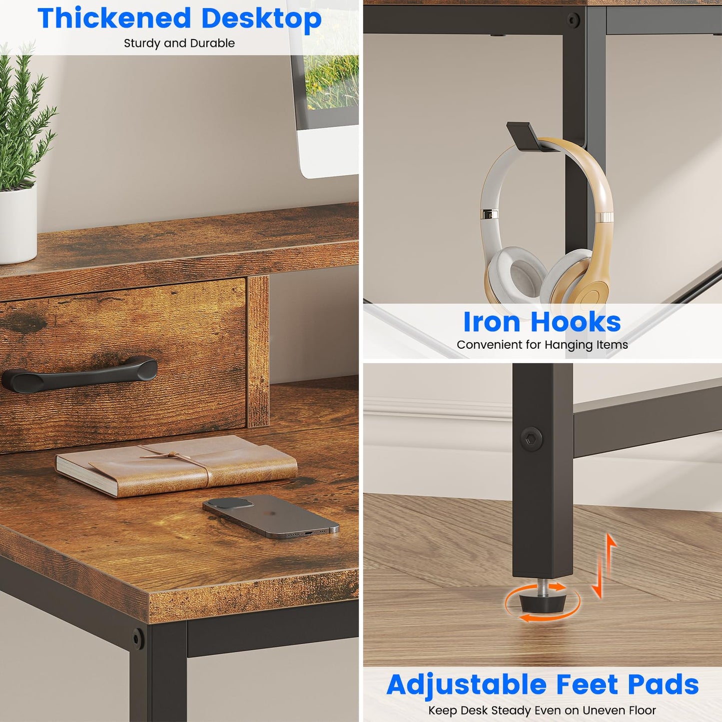 Feonase Industrial-Style Computer Desk with Elevated Monitor Riser & Dual Drawers – 100cm Wide MDF Desktop for Home Office