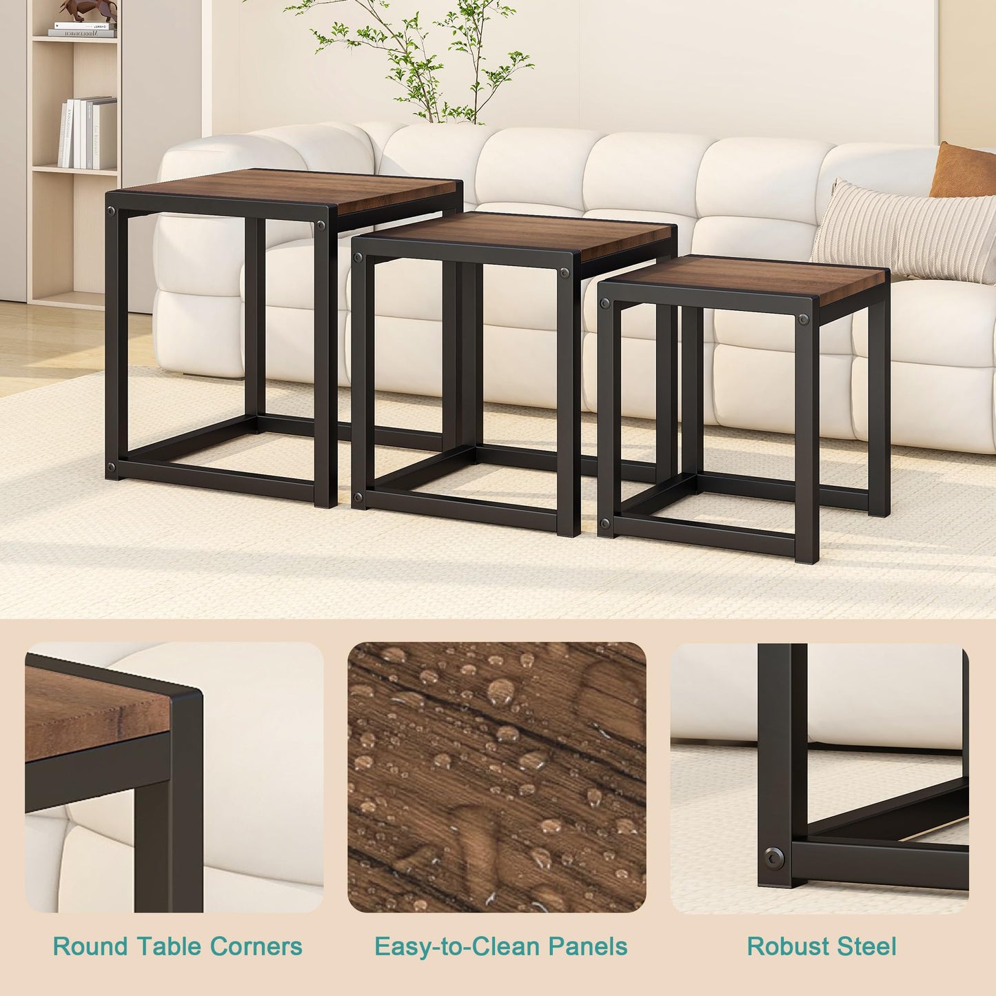 Diahomy Nesting Coffee Table, Set of 3 Stacking Side Tables,Walnut