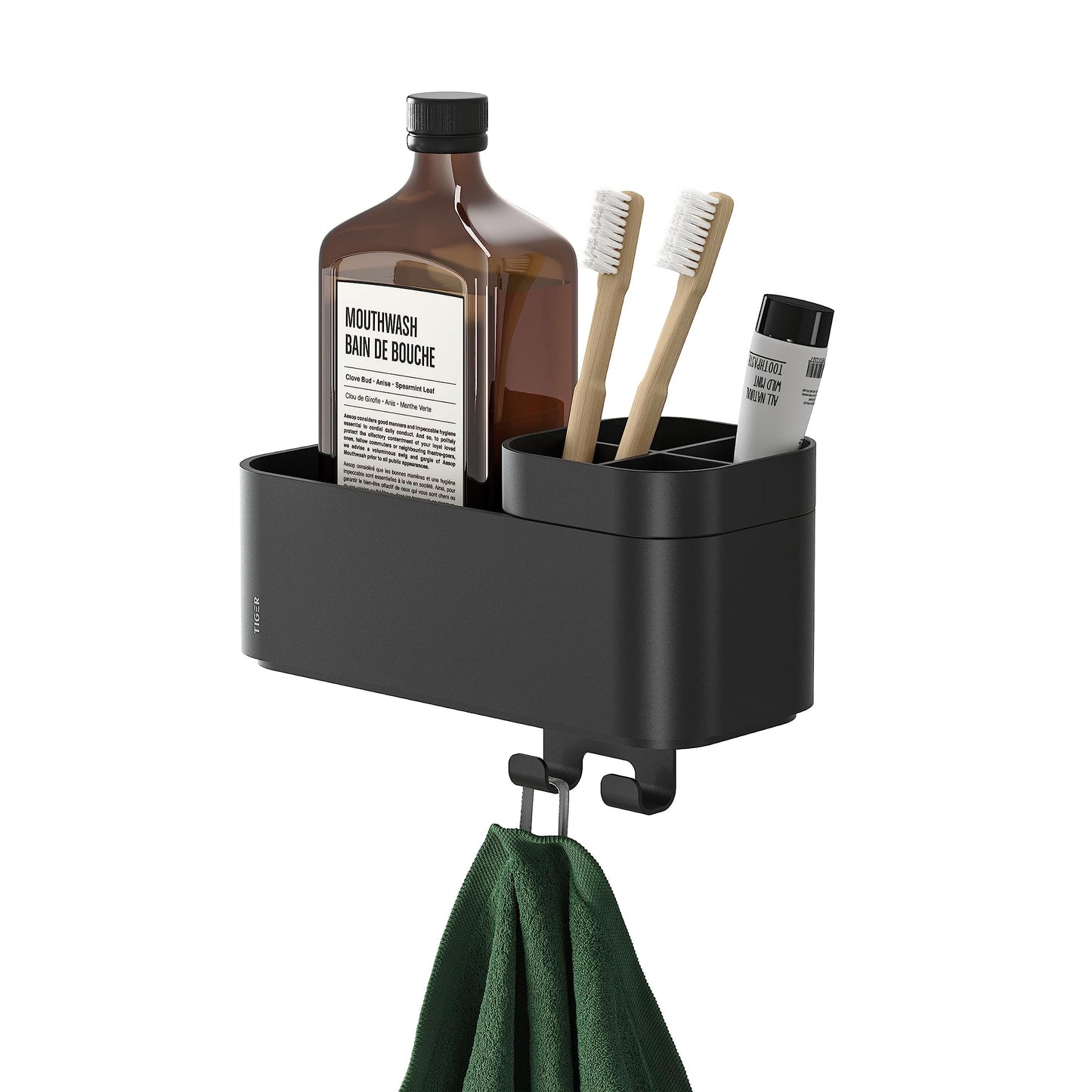 Tiger 2-Store Storage tray with towel hook and toothbrush holder 25 cm Black