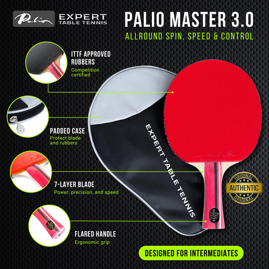 Palio Master 3.0 Table Tennis Bat & Case | ITTF-Approved Intermediate Ping Pong Racket | Allround Speed, Spin and Control