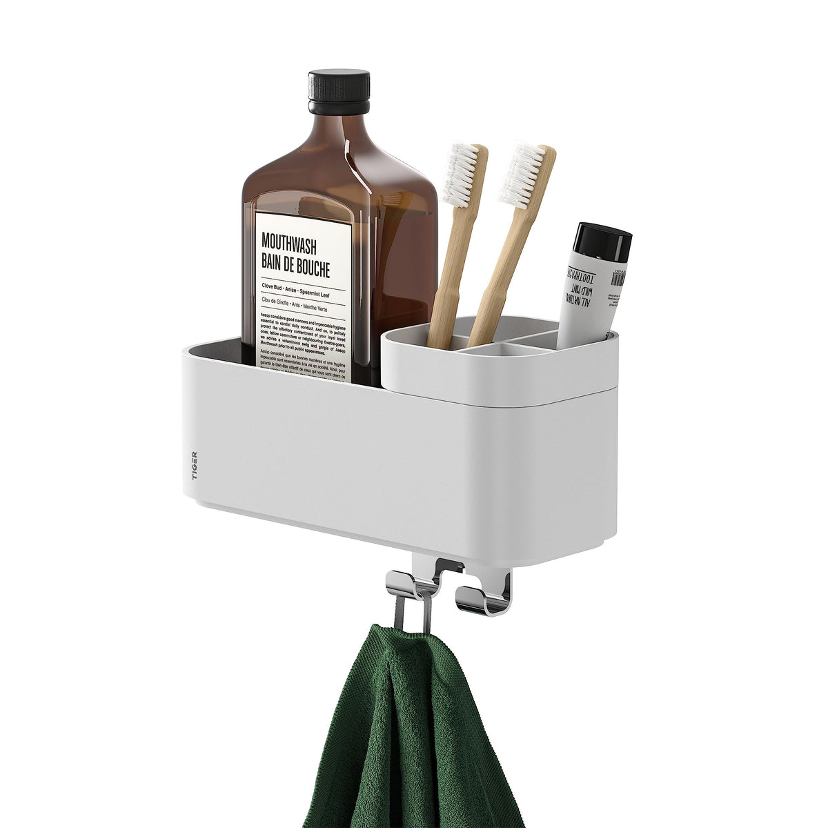 Tiger 2-Store Storage tray with towel hook and toothbrush holder 25 cm White