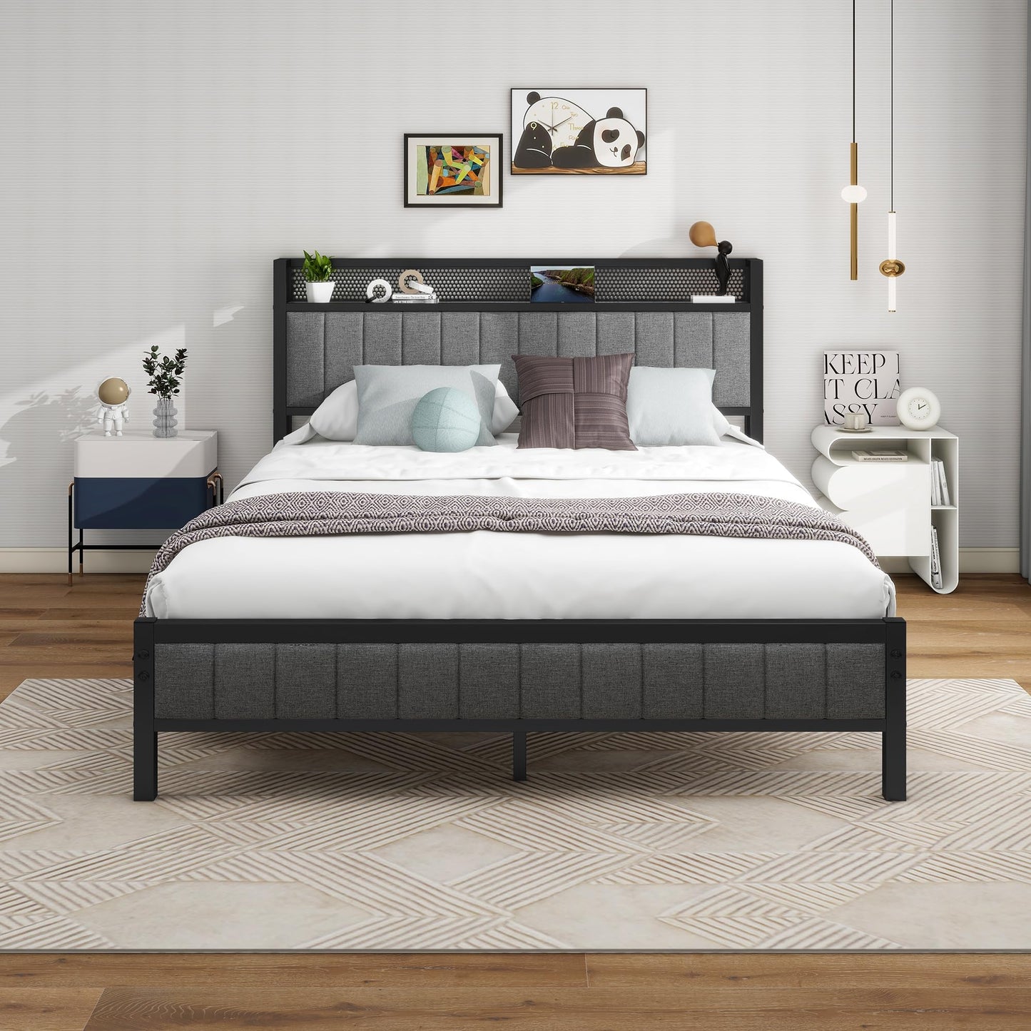 Diahomy King Size Bed Frame With Storage Headboard, Upholstered Platform Bed Frame/Mattress Foundation/Metal Slat Support/No Box Spring Needed/Dark