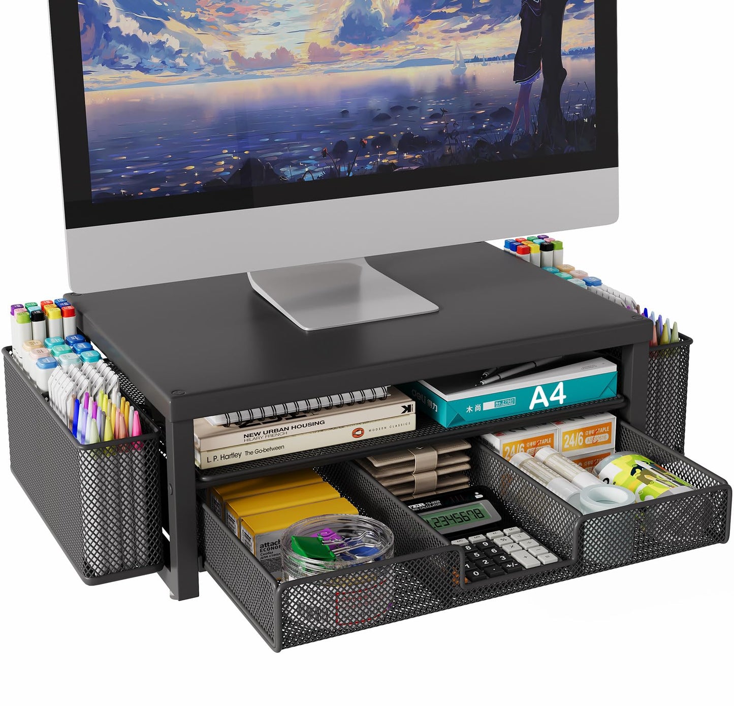 BOKIOVIN Metal Monitor Stand Riser with Drawer & 2 Pen Holders for Desk, Office Desk Accessories Organiser & Computer Screen Stand for Printer (Black)