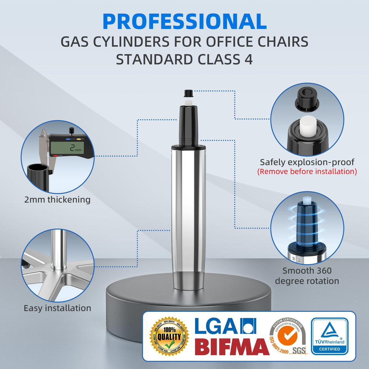 WEWILL Gas Lift for Office Chairs, Gas Spring Office Chair Replacement, Maximum Load 450 kg, Height-Adjustable Gas Pressure Damper for Swivel Chairs