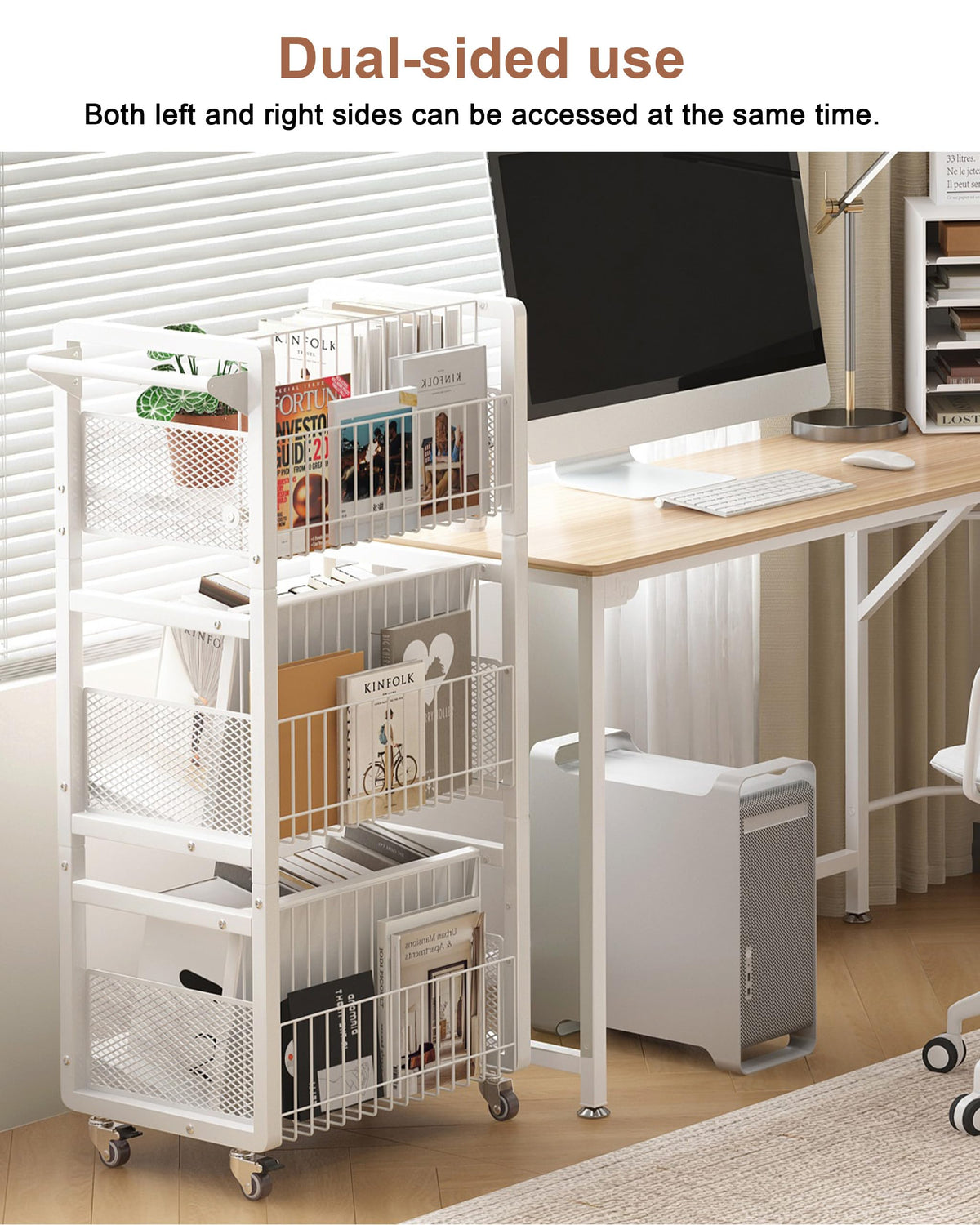 Ornestia Book Trolley,Mobile Bookshelf Organiser with Lockable Wheels,White