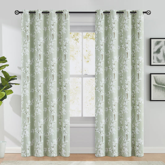 Fmfunctex Green Floral Blackout Curtains for Bedroom 90 inch Drop Eyelet Curtains for Living Room Nursary Blossom Thermal Insulated Window Curtain