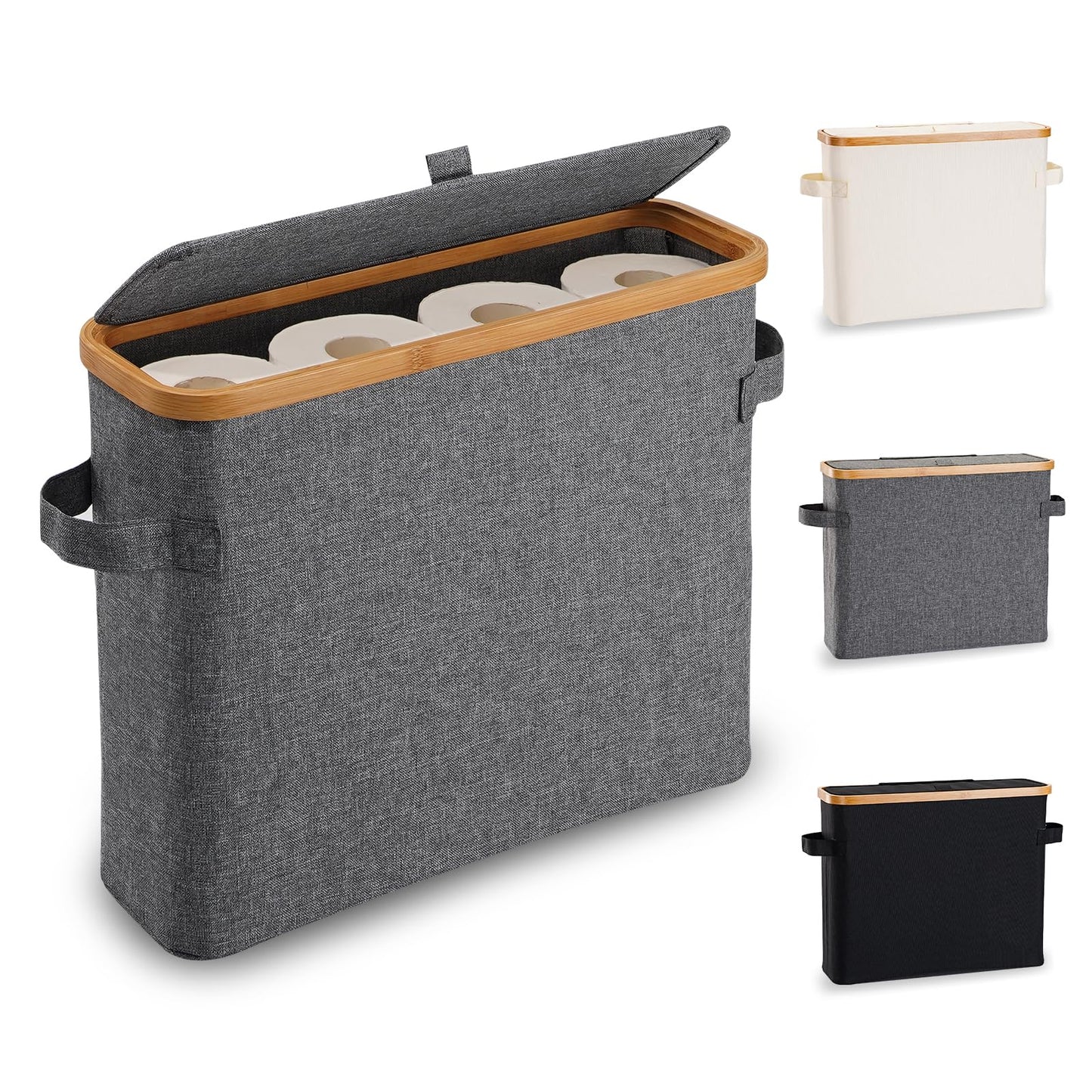 Toilet Roll Holder Storage Stand, Toilet Roll Storage Basket with Lid, Bamboo Toilet Roll Storage Holder Organiser Free Standing for Bathroom Cabinet,