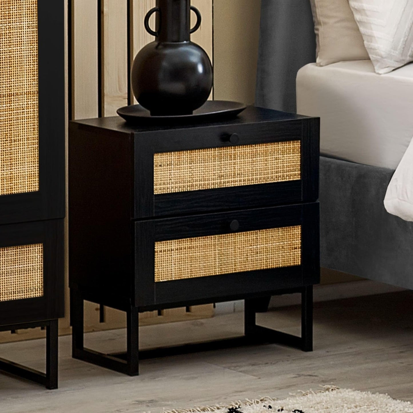 Julian Bowen Padstow 2 Drawer Bedside, Black, Engineered Wood, One Size