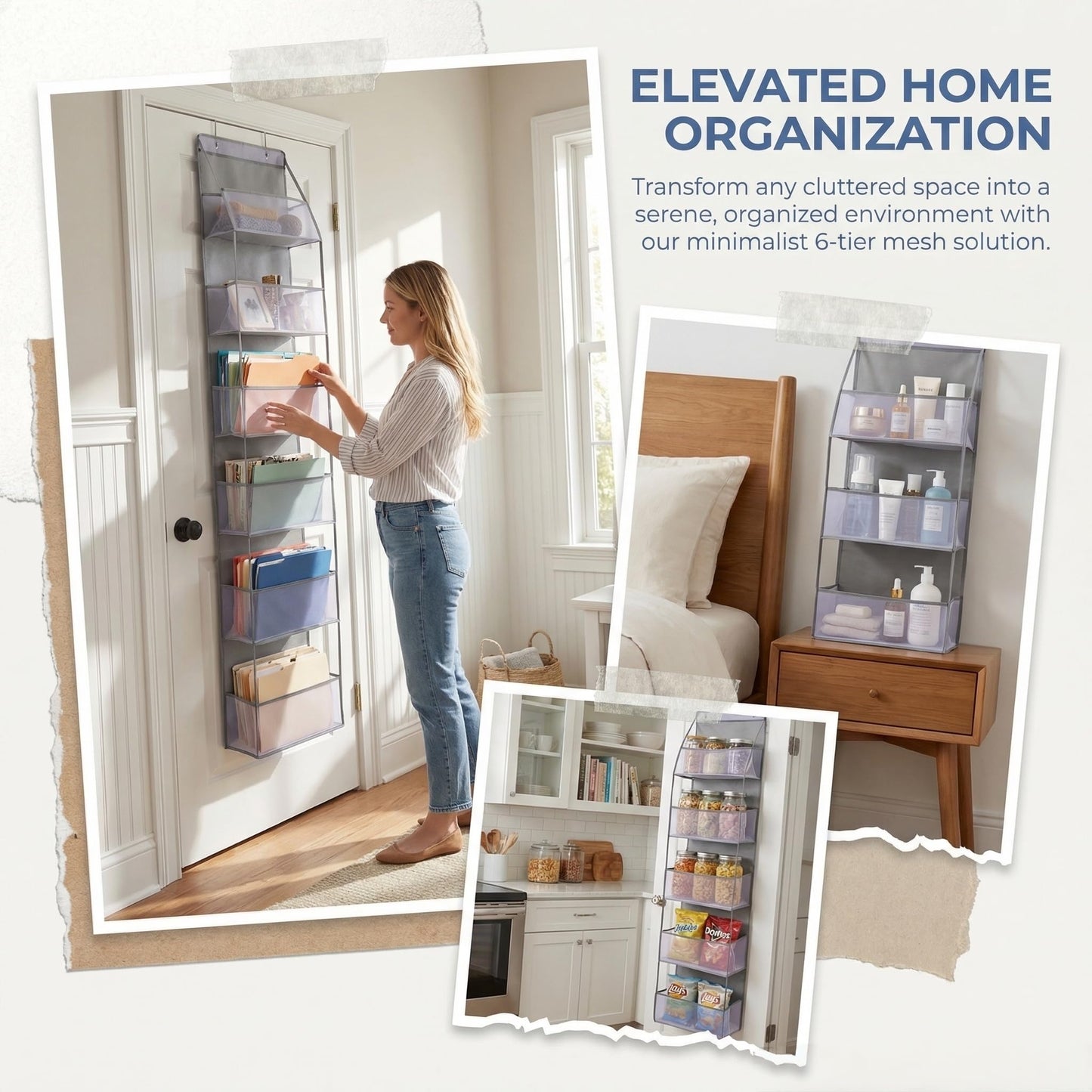 TYEQWT Over Door Hanging Organiser Grey, 6 Mesh Pockets for Bathroom