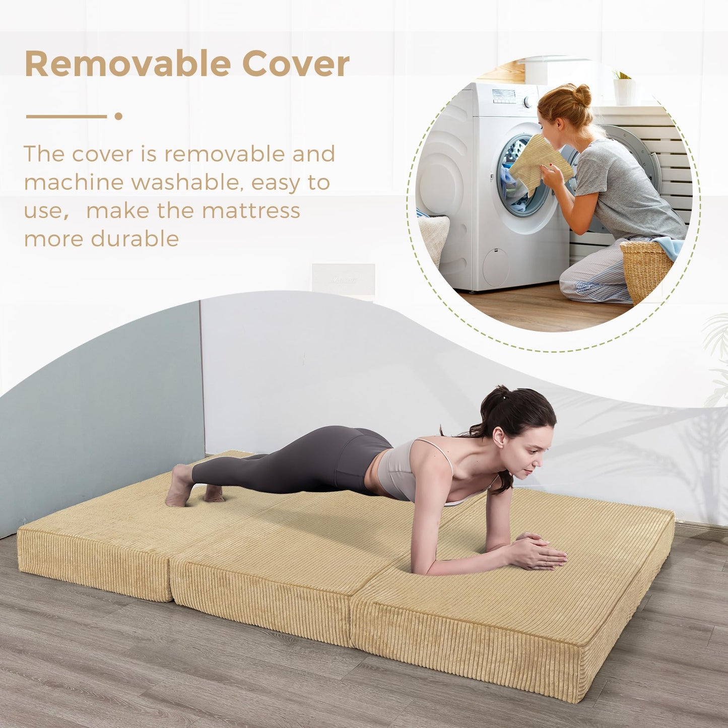 MAXYOYO Folding Corduroy Mattress, Tri Fold Floor Mattress 10cm thick with Washable Cover,Foldable in Three,Space-Saving for Guest (Camel, Double)