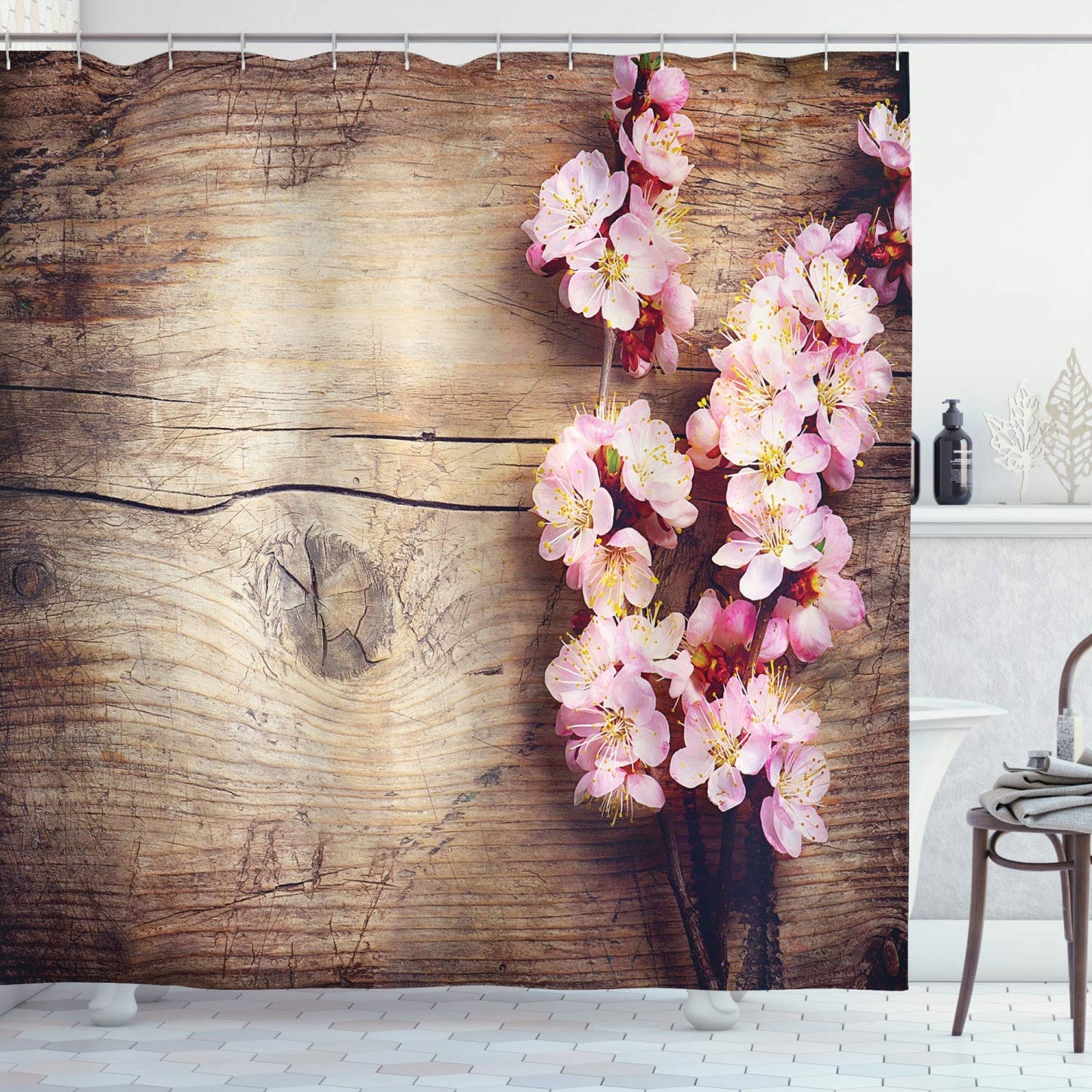 ABAKUHAUS Floral Shower Curtain, Spring Blossom on Wooden Table Romantic Natural Farmhouse Countryside Style Print, Cloth Fabric Bathroom Decor Set