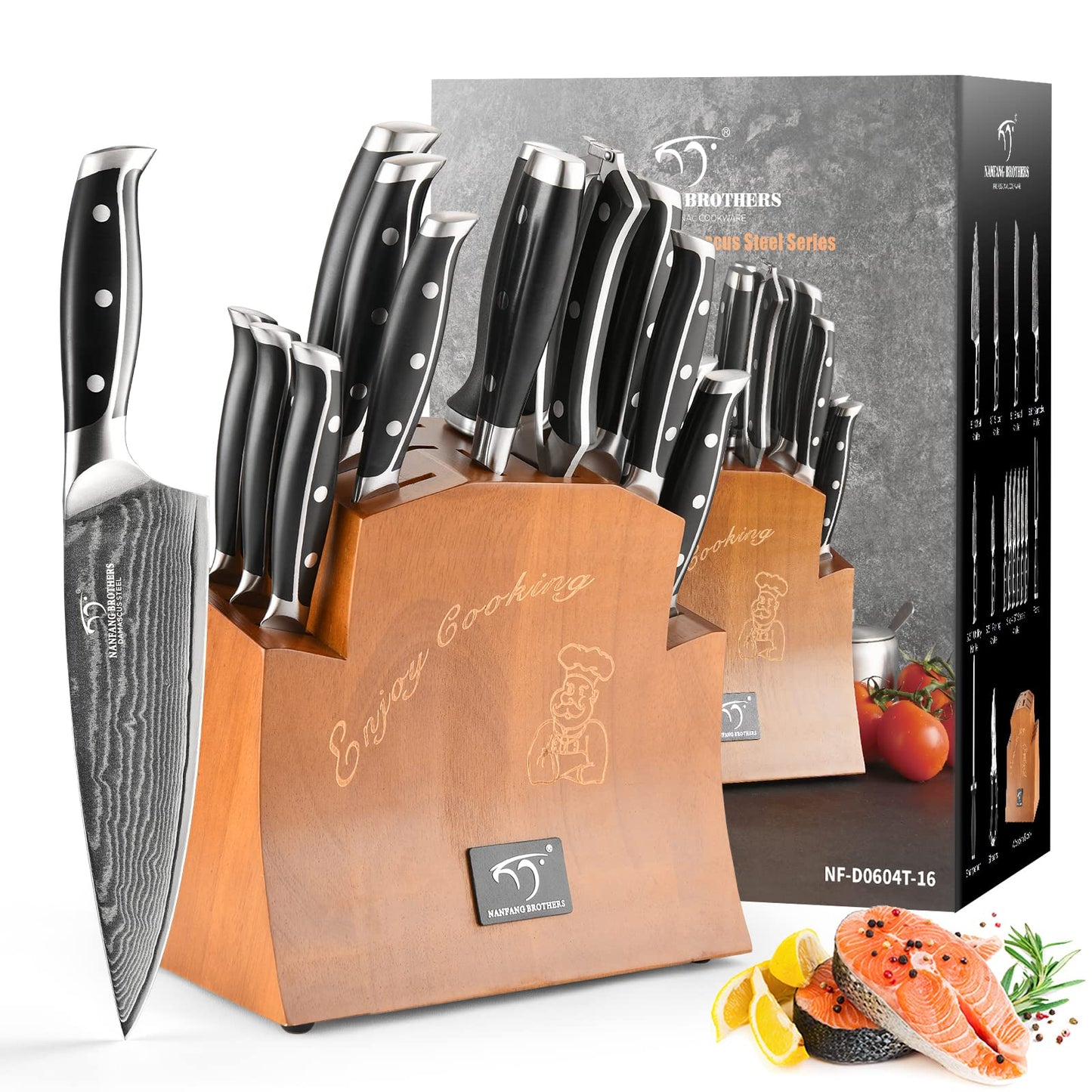 NANFANG BROTHERS Knife Set,16 Piece Damascus Kitchen Knife Set with Block,VG10 Steel Core with HRC 60 ? 2 Hardness,with Cooking