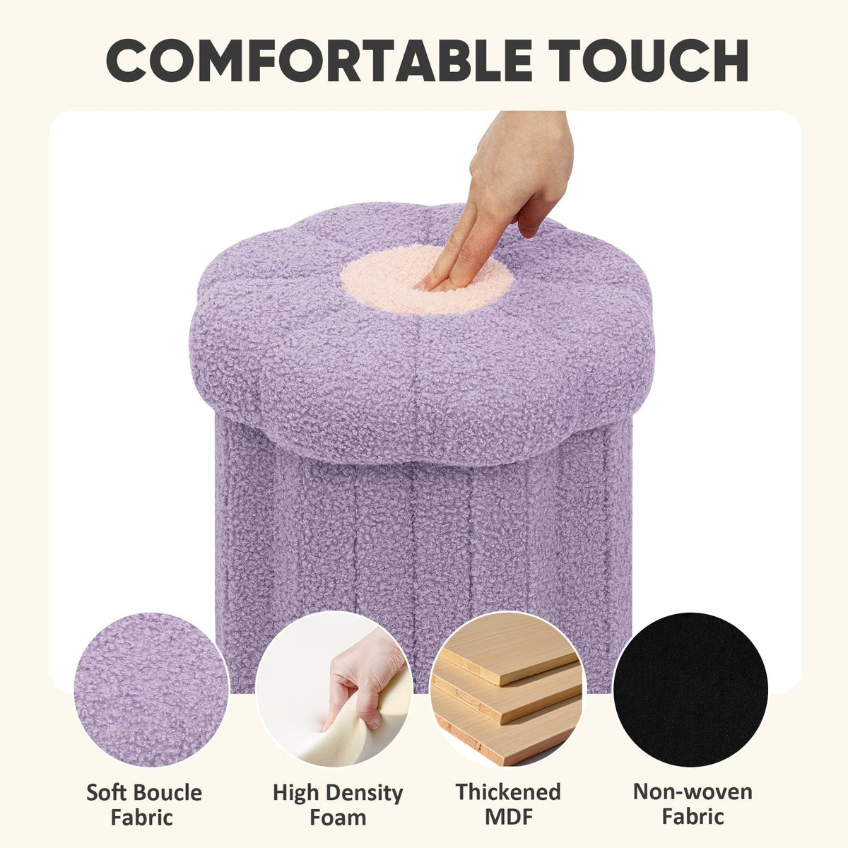 PINPLUS Small Folding Storage Ottoman with Lid, 32x32x29 cm, Purple