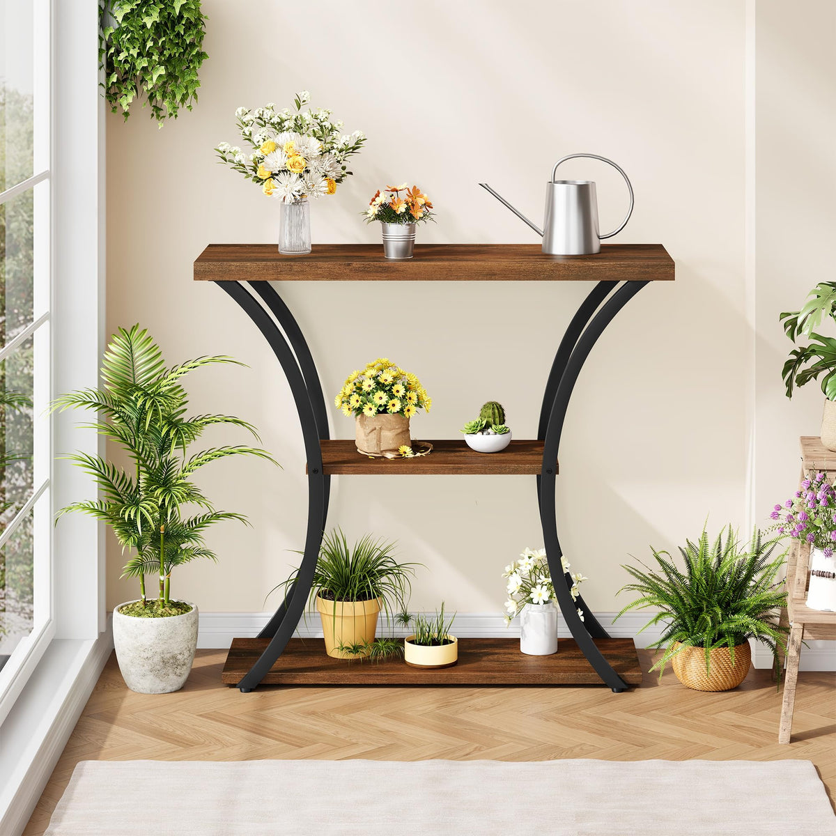 Hoctieon 3 Tier Console Table with Open Wood Shelves, Decorative Entryway Table with Curved Metal Frames, Narrow Sofa Table for Entrance, Living Room