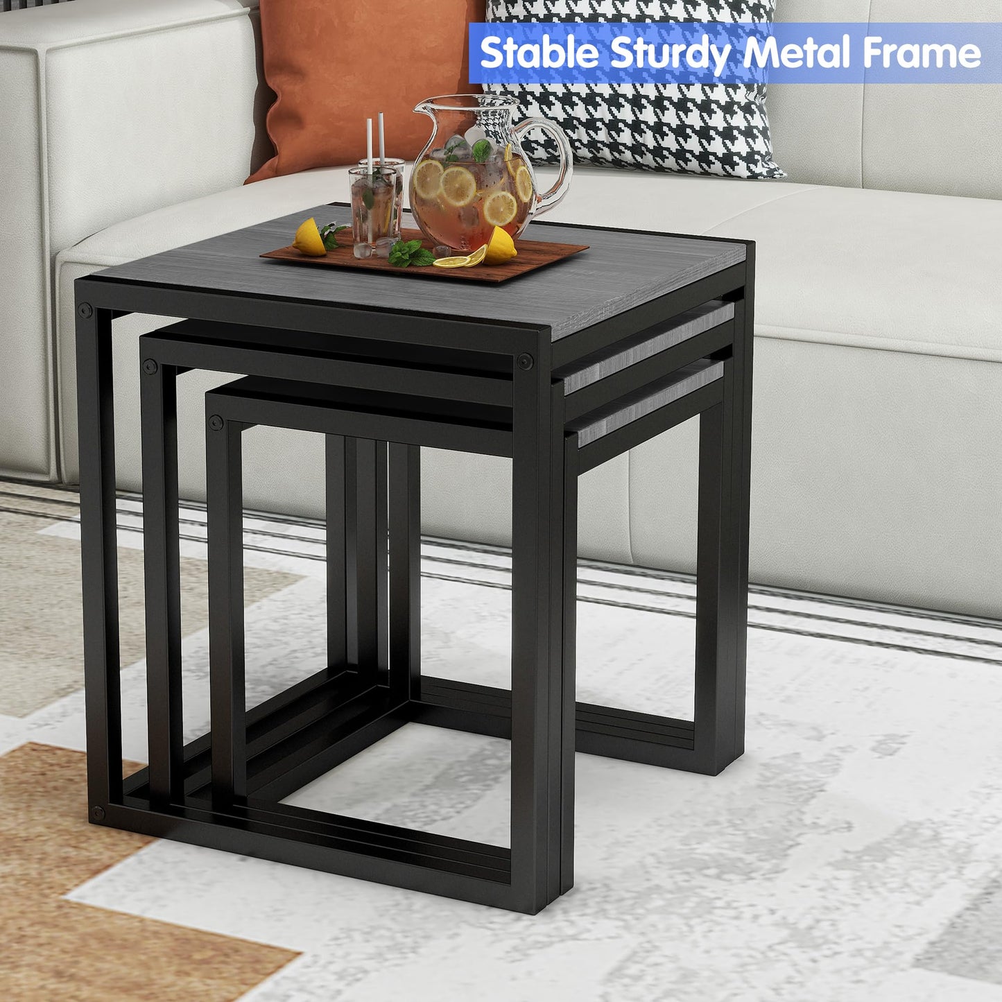 HAHRIR Nesting Table Set of 3 Side Wooden Tables, Square End Tables,Coffee Table with Metal Frame (Grey)