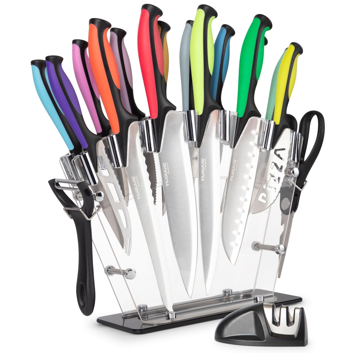 nuovva Professional Kitchen Knife Set with Block - Colourful 17 Piece Knives Set with Steak Knives - Clear Acrylic Block High Carbon Stainless Steel