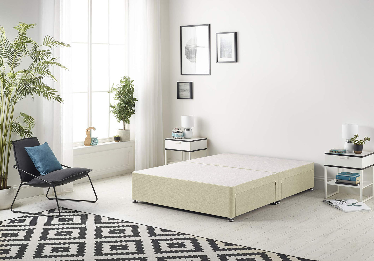 Bed Centre Flexby Divan Base Only with No Drawers and No Headboard - Available in 3ft,4ft,5ft and 6ft- Fabric (5FT King, Linen Beige Fabric)