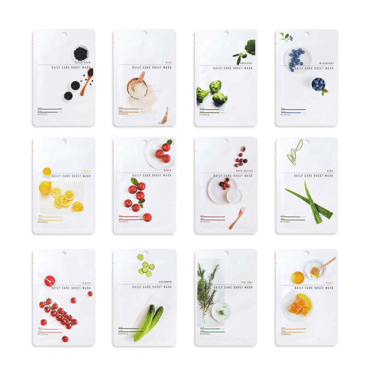 EUNYUL Pack of 12 Daily Care Face Sheet Mask Pack 12 types Korean Skincare Hydrating Facial mask pack