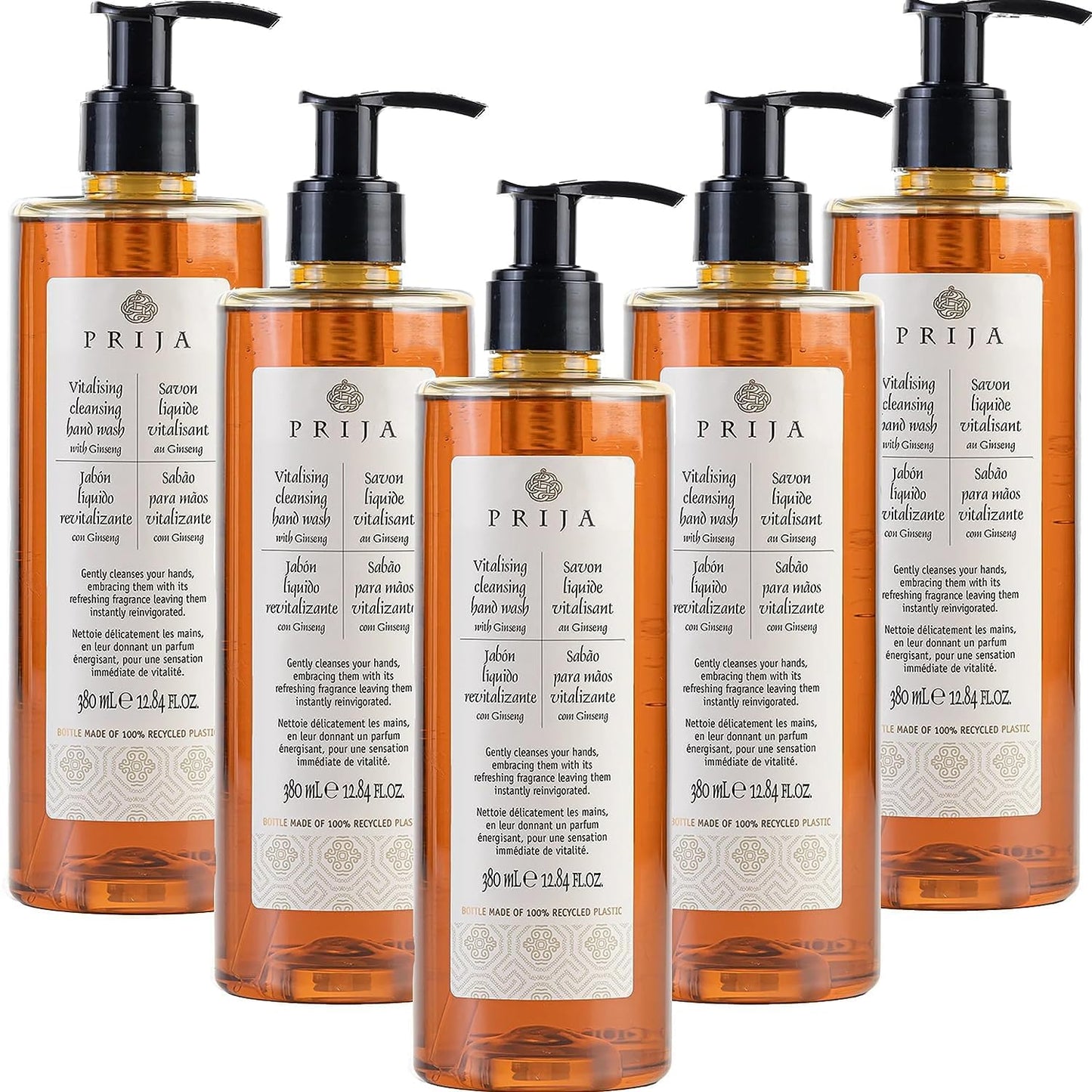 Prija Vitalising Hand Wash with Ginseng, 380ml, Pack of 5, Luxury Hotel Soap