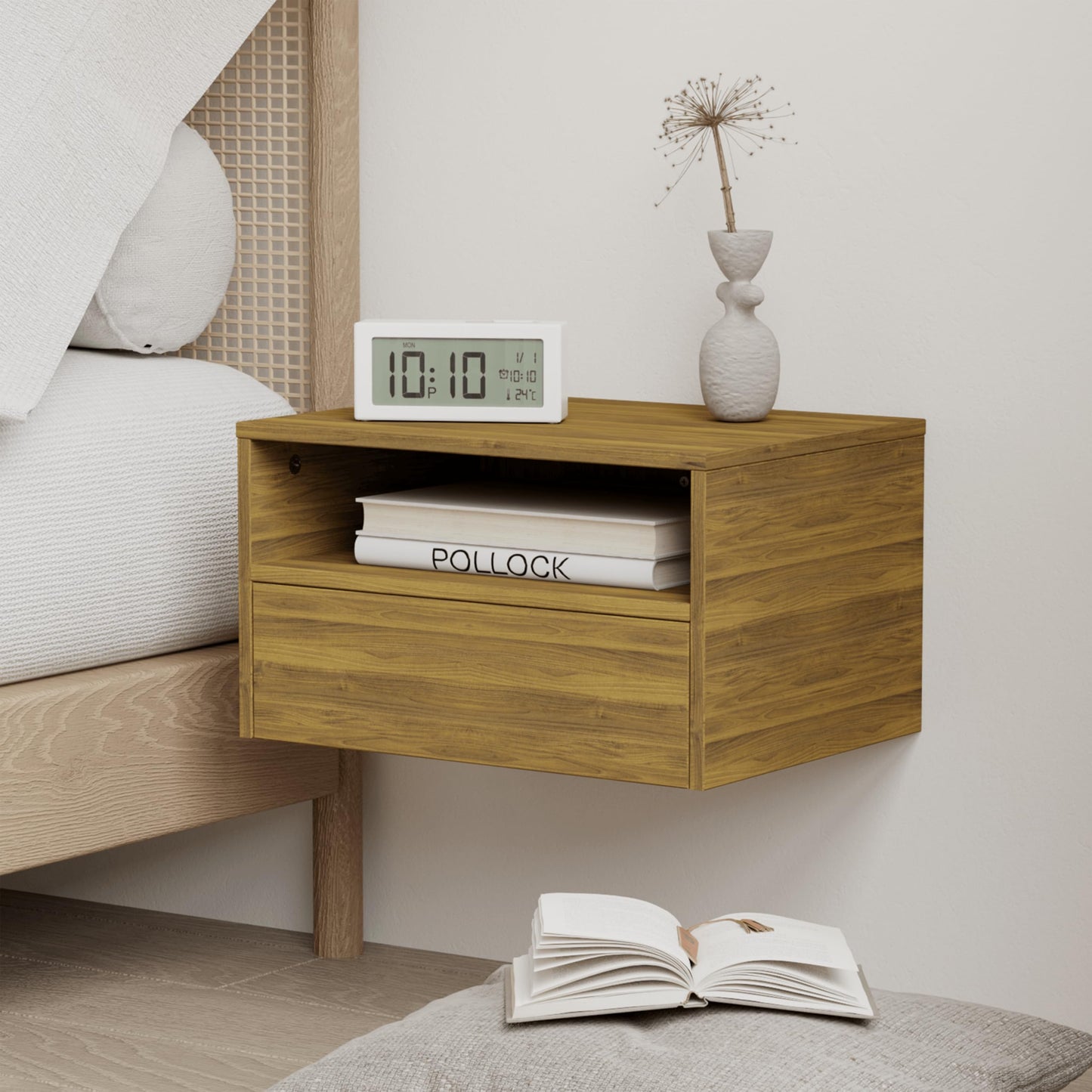 JERX Floating Bedside Table, Wall Mounted Nightstand with Storage Drawer and Open Shelf Modern Wooden Bedside Table for Bedroom,Walnut Brown
