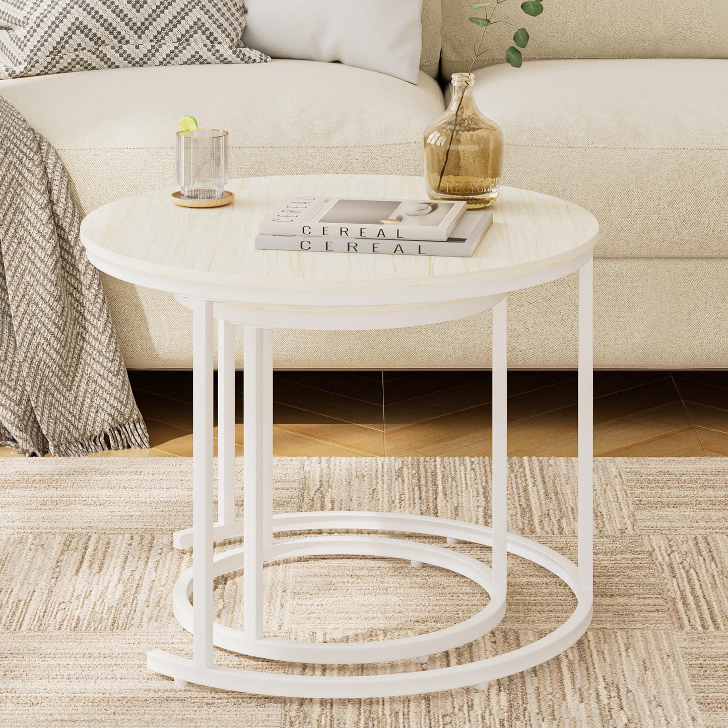 HEYZOEY Round Coffee Tables, Removable Set of 2 End Table, Nesting Tables with White Metal Frame Legs and Wooden Oak Top for Living Room, Bedroom