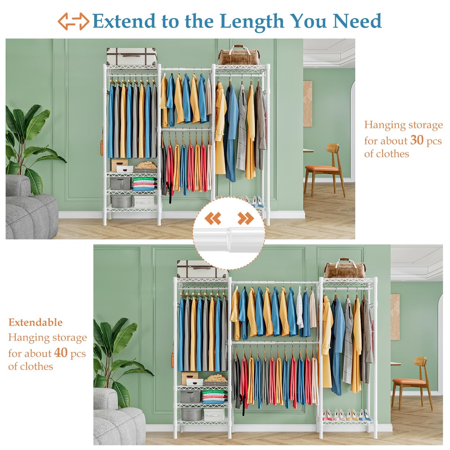 KZOBYD Expandable Clothes Rail Rack, Length 70.2-88.2 inch (White)