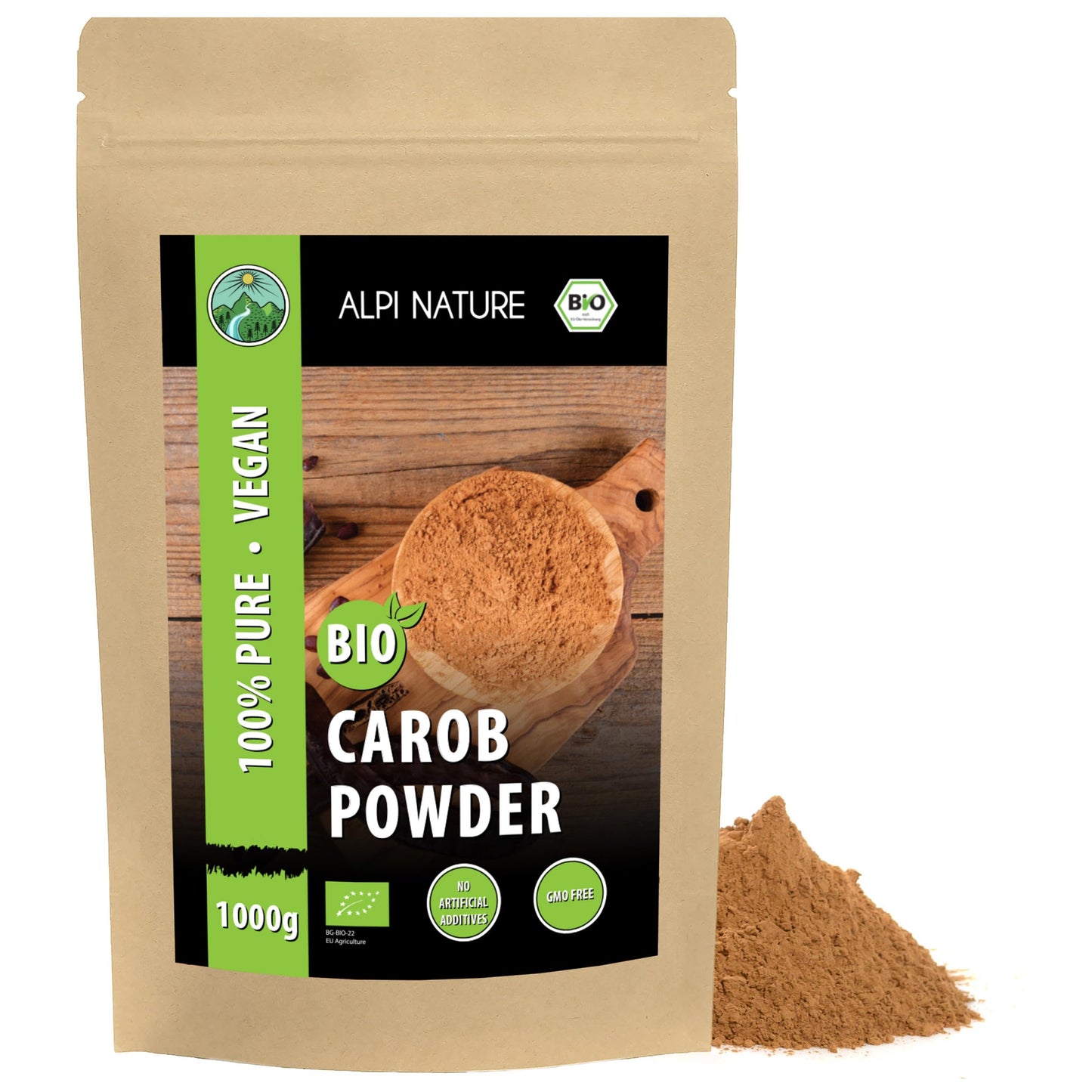 Alpi Nature Organic Carob Powder 1kg 2.2 lb, Dried and Ground Carob Pods, Natural Sweetener for Baking