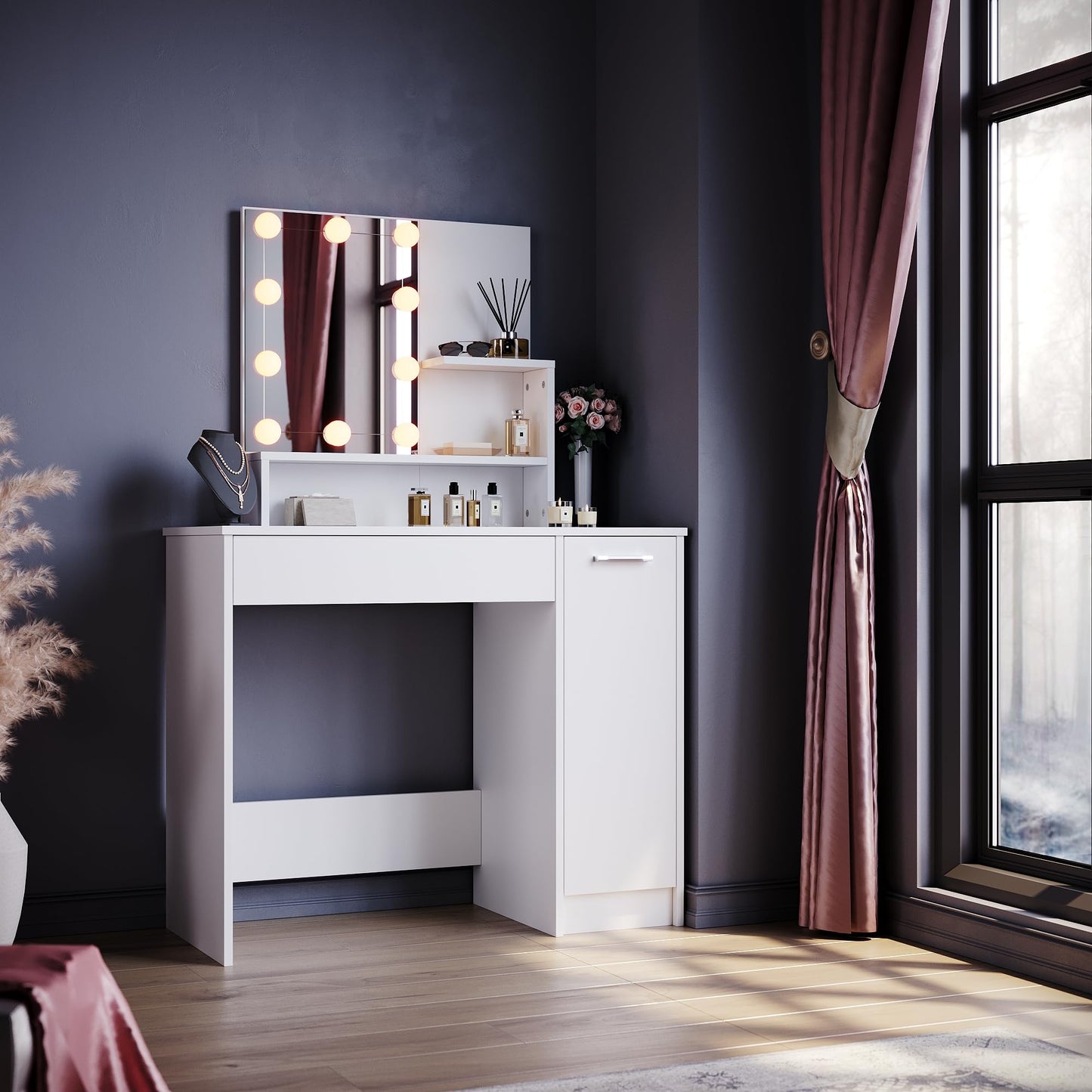 ELEGANT Dressing Table with Hollywood LED Lights, Adjustable Brightness, Modern Makeup Vanity Desk with Open Shelves and Storage Cabinet, Large Mirror