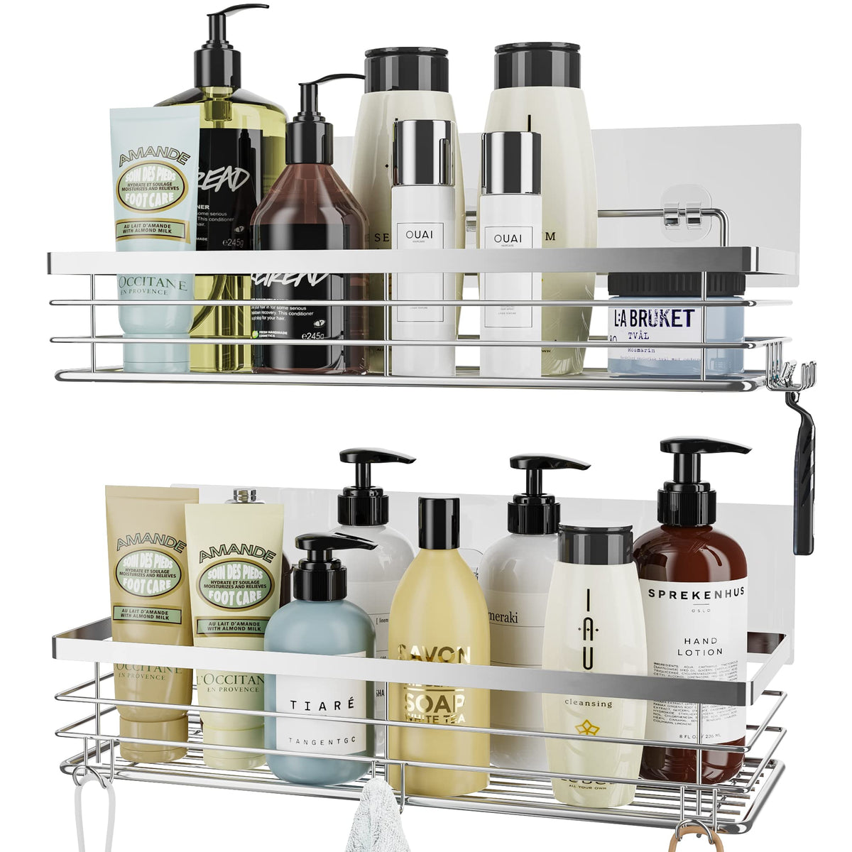 Orimade Shower Caddy Stainless Steel No Drilling Adhesive Wall Mounted Shower Shelf with 5 Hooks Bathroom organiser for Shampoo Conditioner, Rustproof