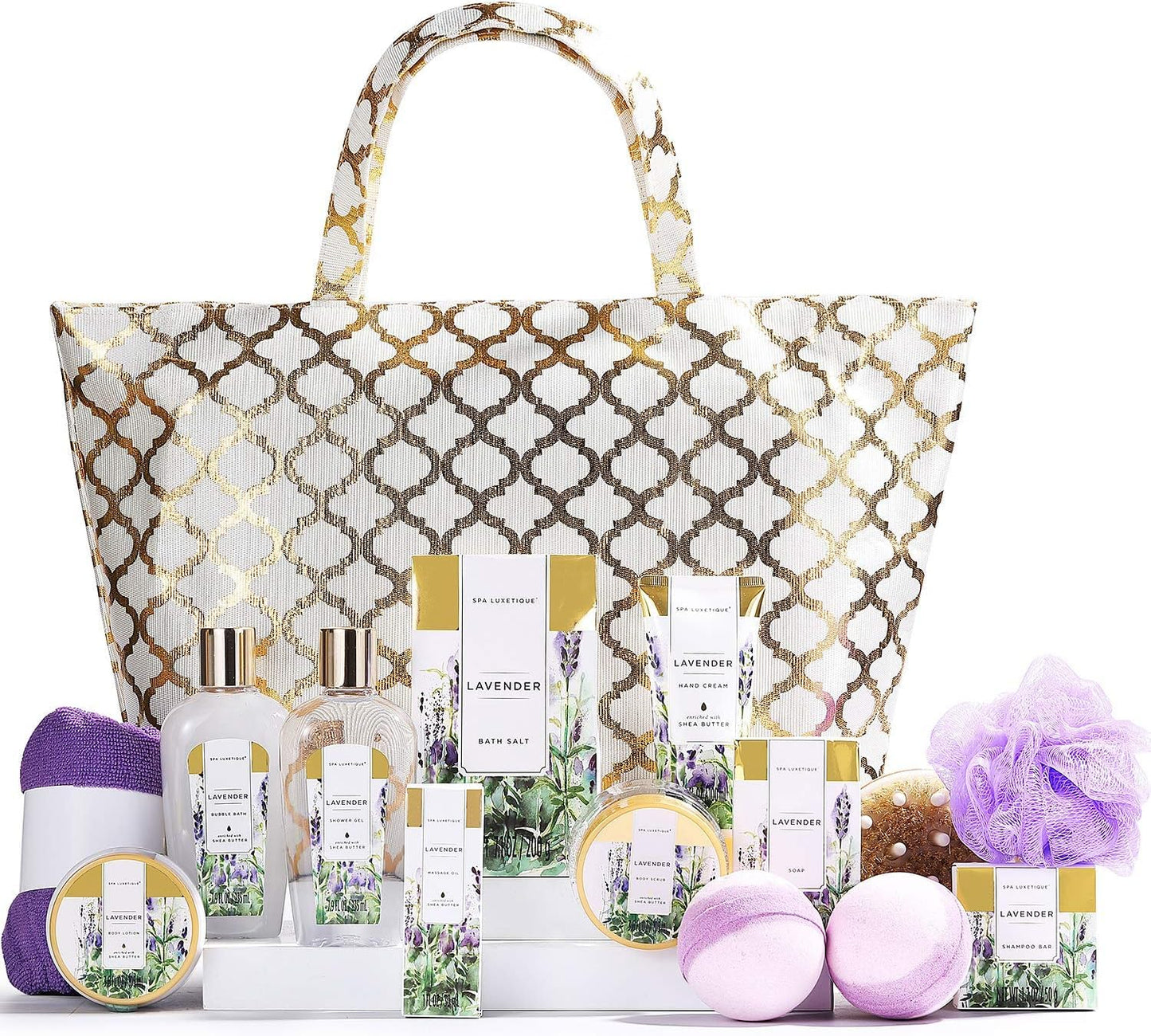 Spa Luxetique Lavender Bath Sets, 15pcs Spa Gift Sets, Pamper Gifts for Women, Bath Gift Sets in Golden Bag with Body Scrub, Body Butter, Hand Cream,