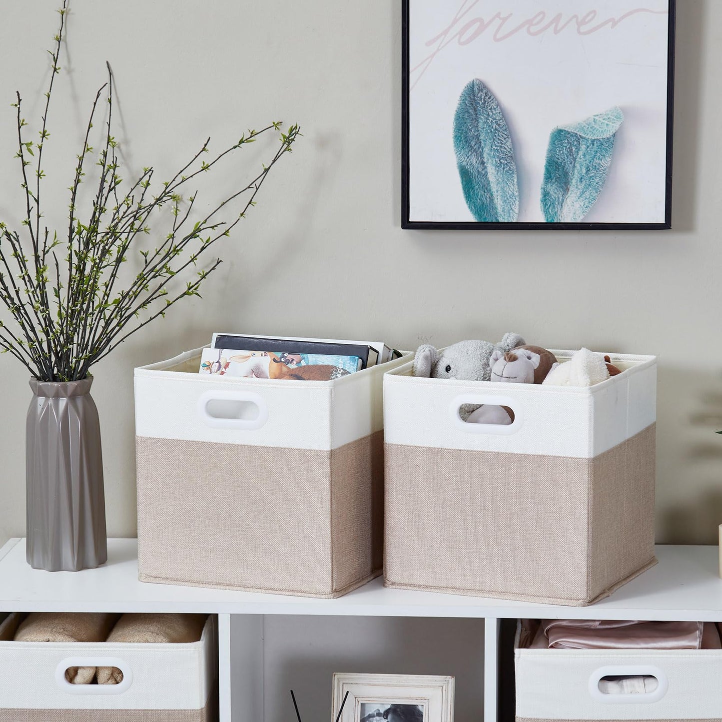 Mangata Cube Storage Boxes 25x25x25 cm, Fabric Storage Cube Baskets for Clothes Bins, Baskets, Chests,Toys (Lihgt Khaki White, 4Pcs)