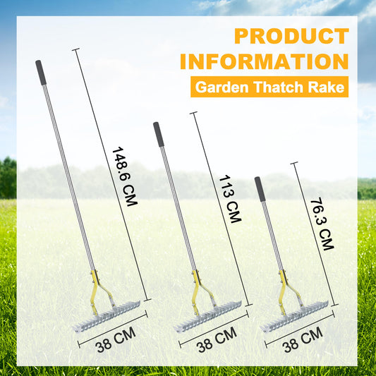 BARAYSTUS Straw Rake, Lawn Rake with 148 cm Adjustable Long Handle Robust Garden Leaf Grabber Made of Carbon Steel, Multi-Purpose Lawn Comb for