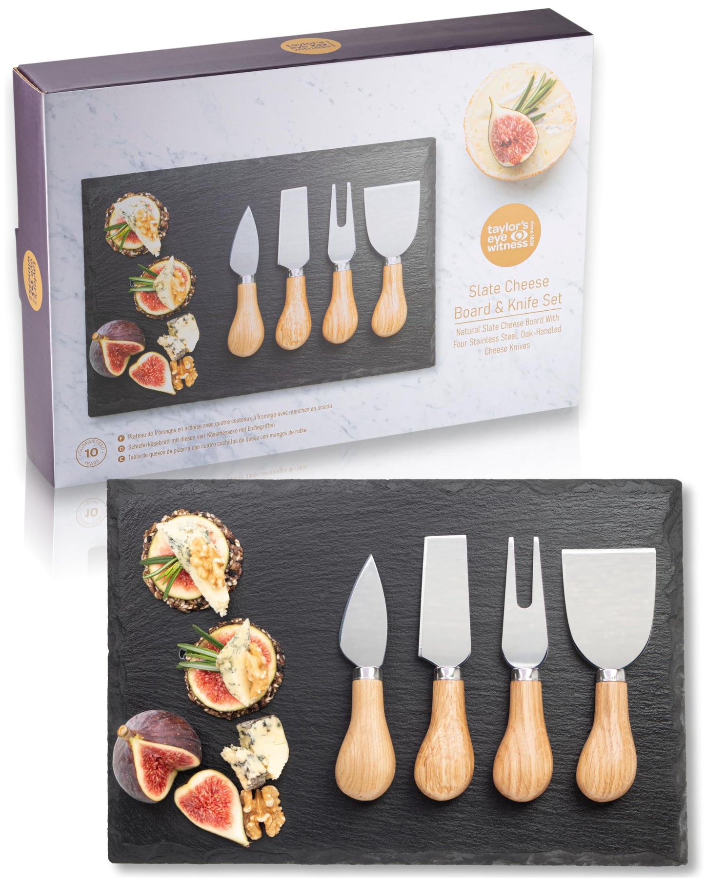 4 Piece Cheese Knife Set & Slate Board - Stylish Cheese Knives Set With Useful Slate Board With Stag Design. Oak Wood Handles & Classic Polished