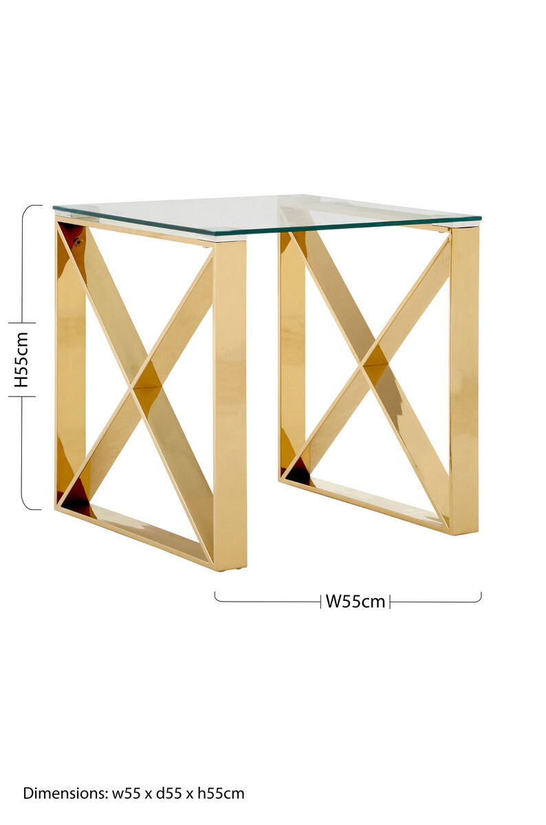 Champagne Gold Stainless Steel Cross Legs End Table with Tempered Glass Top | Allure