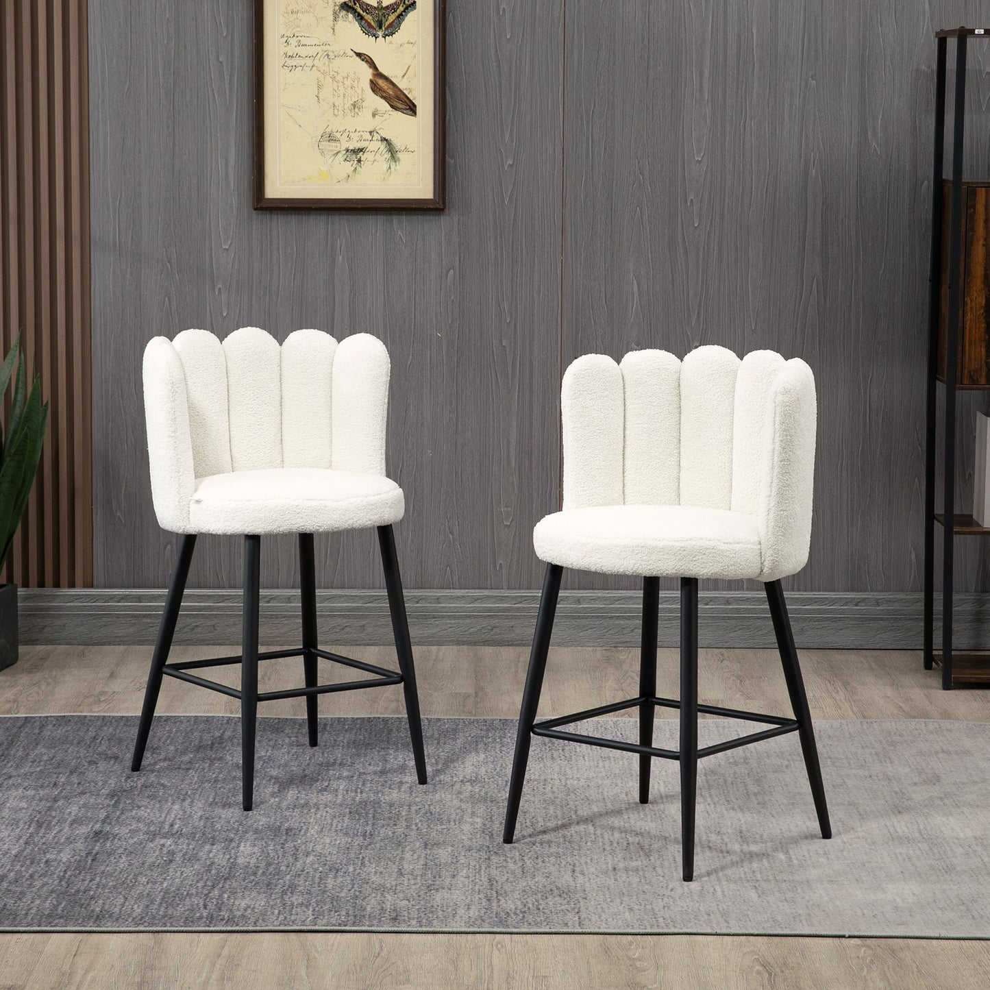 HOMCOM Bar Stools Set of 2, Faux Cashmere Upholstered Breakfast Bar Chairs, Modern Kitchen Stools with Backs, Footrest and Steel Base, Cream