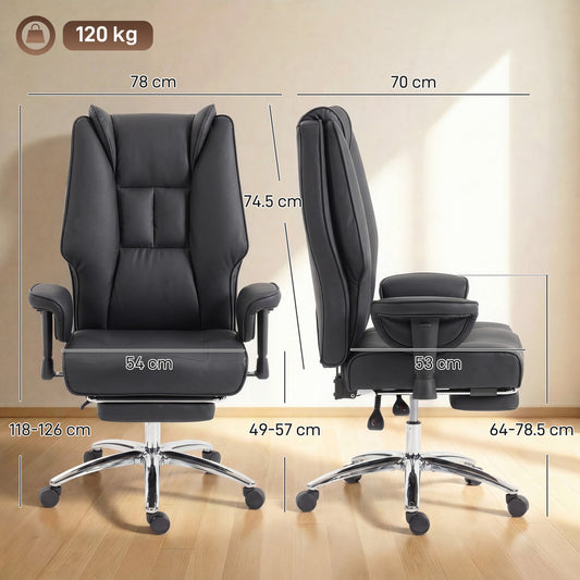 HOMCOM Executive Office Chair, Reclining Desk Chair with Footrest, Adjustable Armrests, Pet Friendly Faux Leather, Black