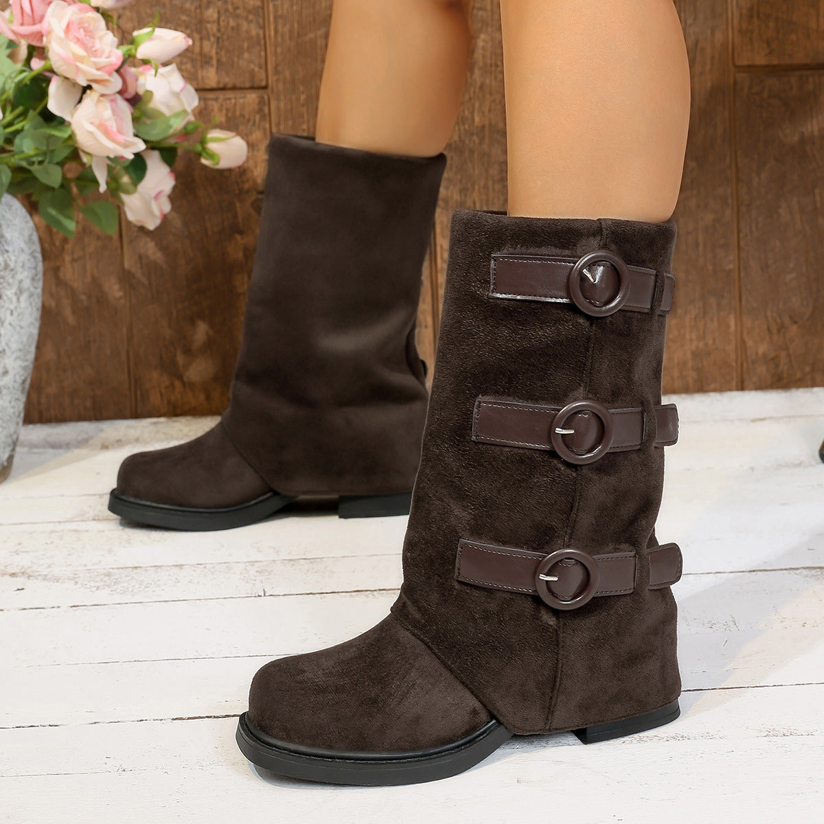 Vintage Suede Belt Buckle Pantyhose Boots