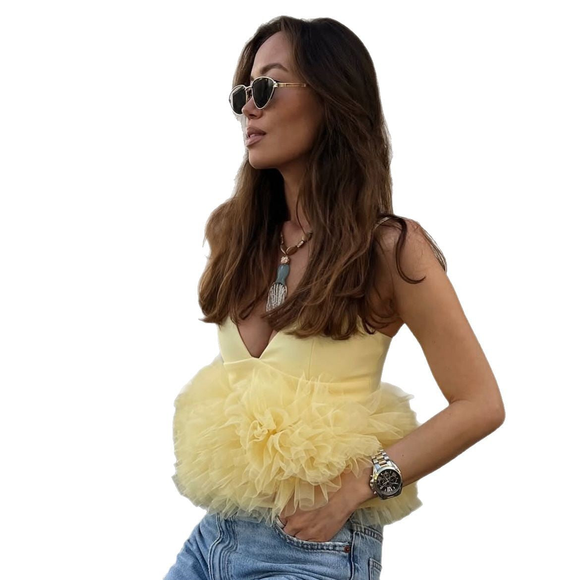 Mesh V-neck Patchwork Suspenders For Women
