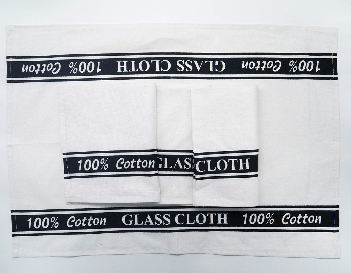 Lex's Linens Pack of 4 100% Cotton Glass Cloths/Glass Kitchen Towel/Glass Tea Towel/Catering Cloth/Bar Cloth Black, 4
