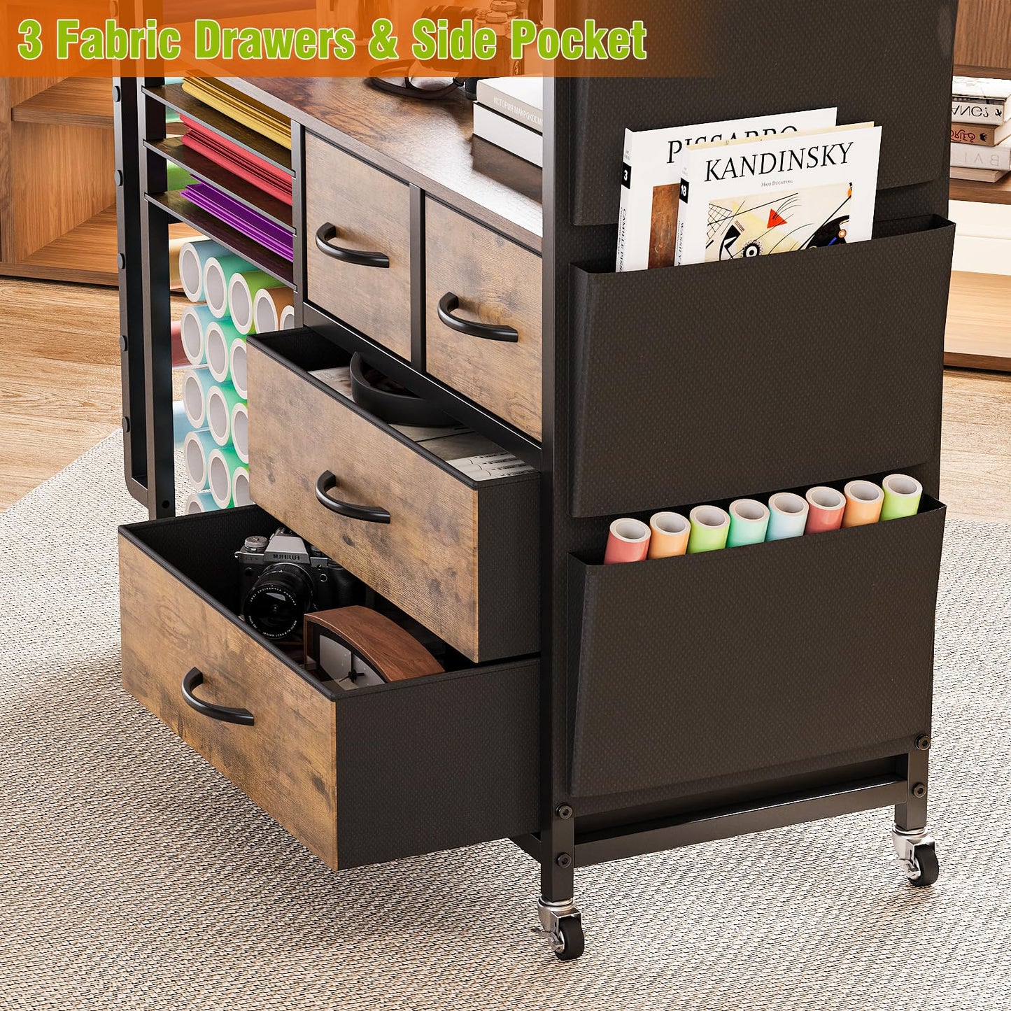VEDECASA Large Craft Storage Rolling Cart for Cricut Machine, Craft Organizer Trolley with Fabric Drawers, Vinyl Roll Holder