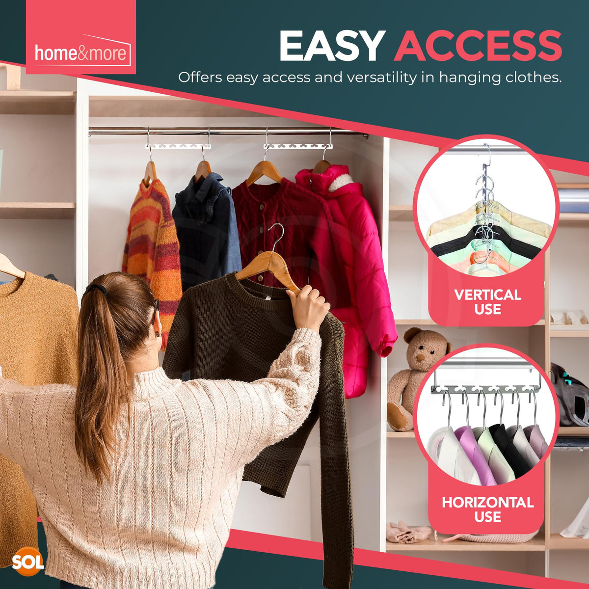SOL 4pk Space-Saving Hangers - Multi Coat Anti-Slip Wardrobe Organiser