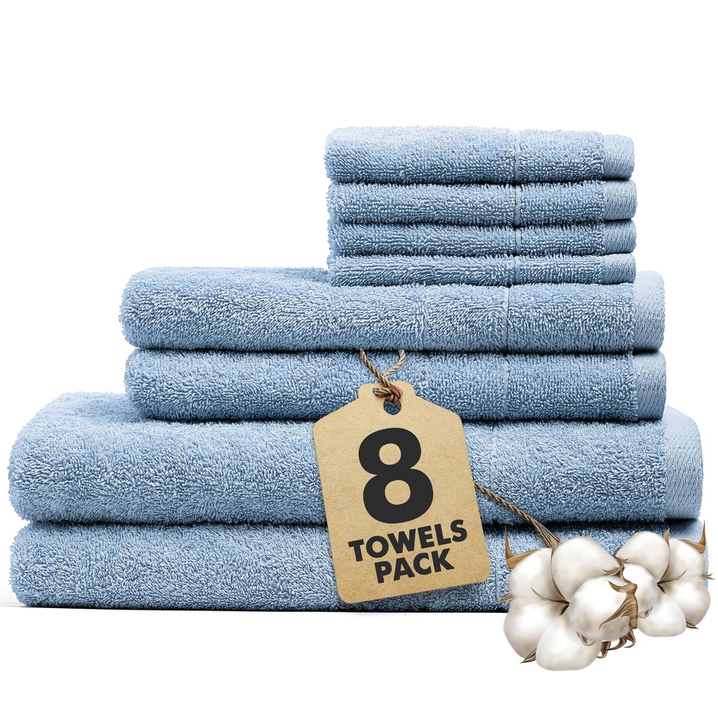 Novo Home Bath Towels Set of 8 ? 100% Cotton Sky BlueTowel Set Bale Includes 2 Bath, 2 Hand, 4 Face Towels ? Soft, Absorbent & Quick Dry Towel for