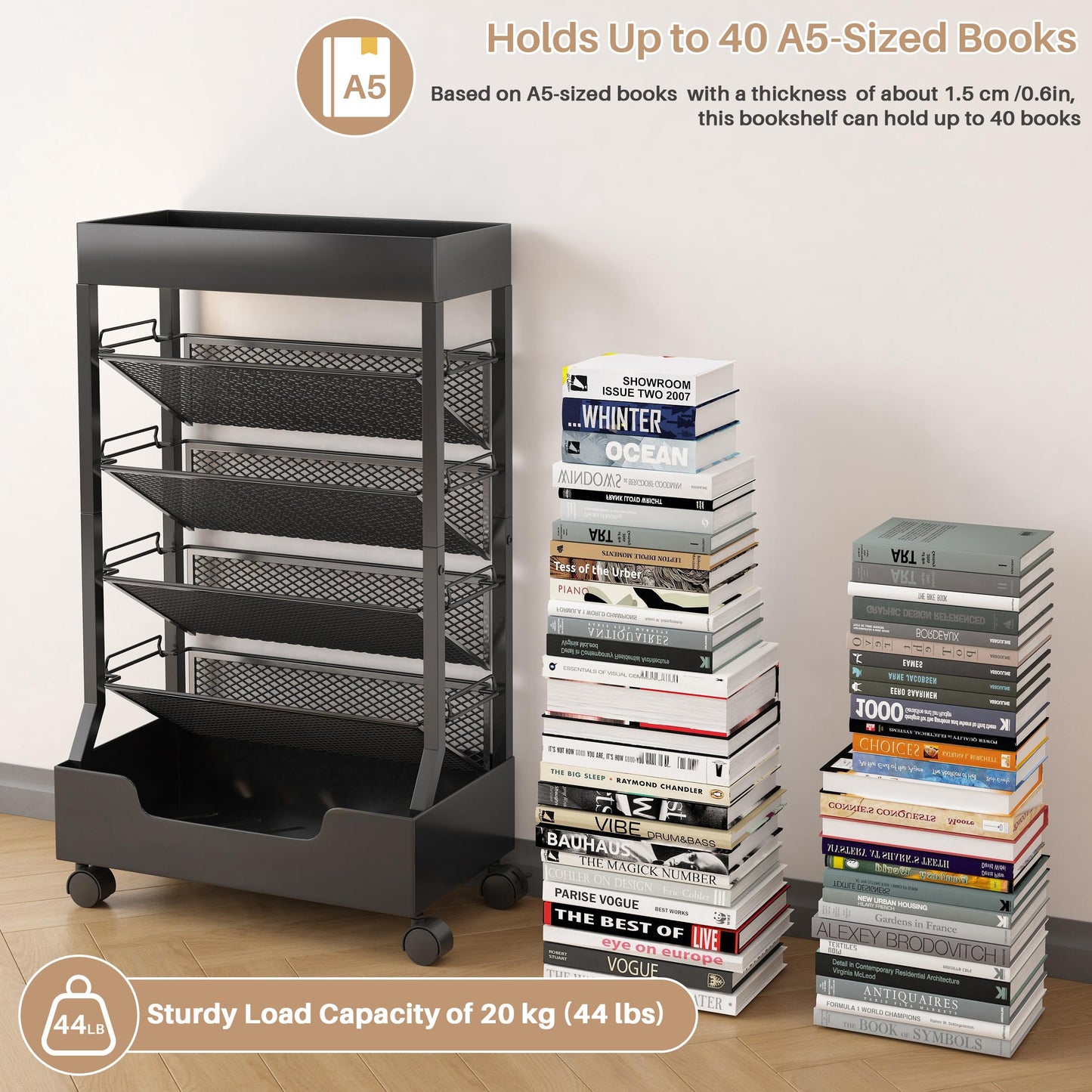 Ornestia Metal Book Trolley, Mobile Storage Bookcase with Wheels(Black)