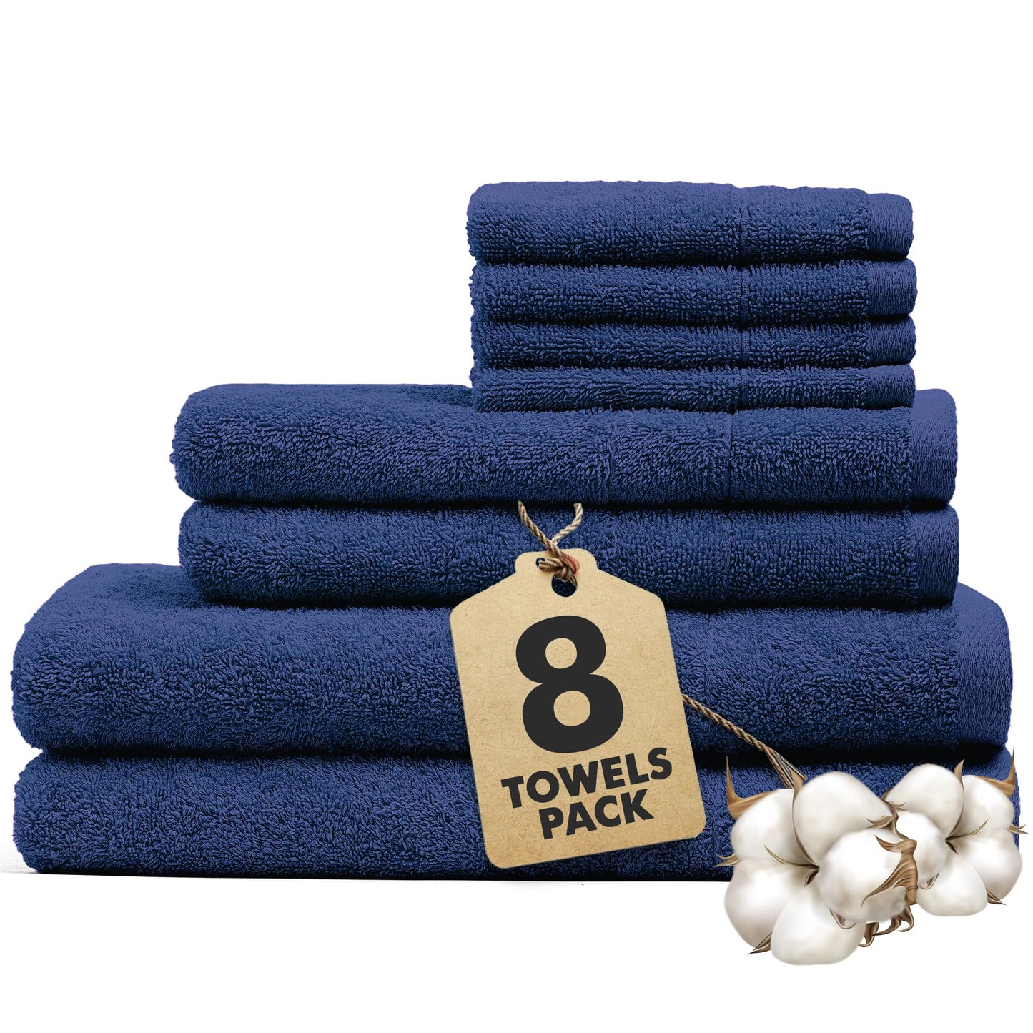 Novo Home Bath Towels Set of 8 ? 100% Cotton Royal BlueTowel Set Bale Includes 2 Bath, 2 Hand, 4 Face Towels ? Soft, Absorbent & Quick Dry Towel for