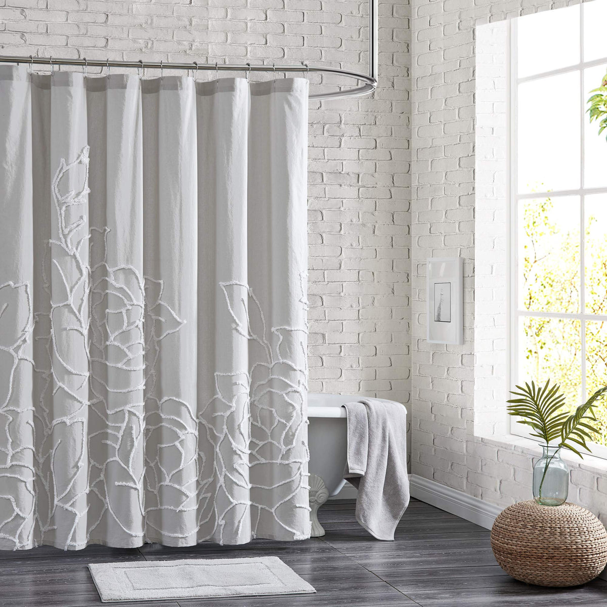 Peri Home 100% Cotton Fabric Shower Curtain for Bathroom, 72 x 72 inches, Grey Chenille Rose